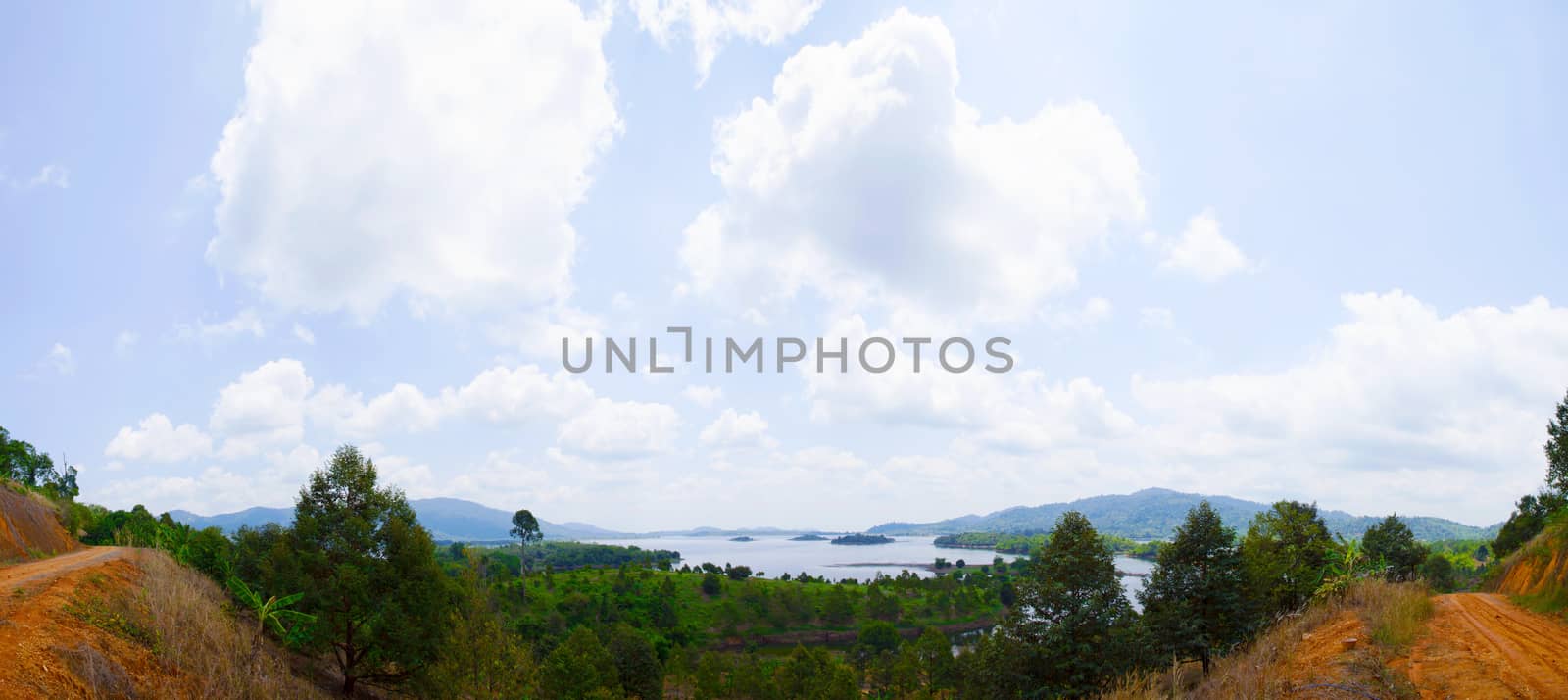 panorama scenic view mountains, islands and forests. Sky is cloudy. During the day, Thailand