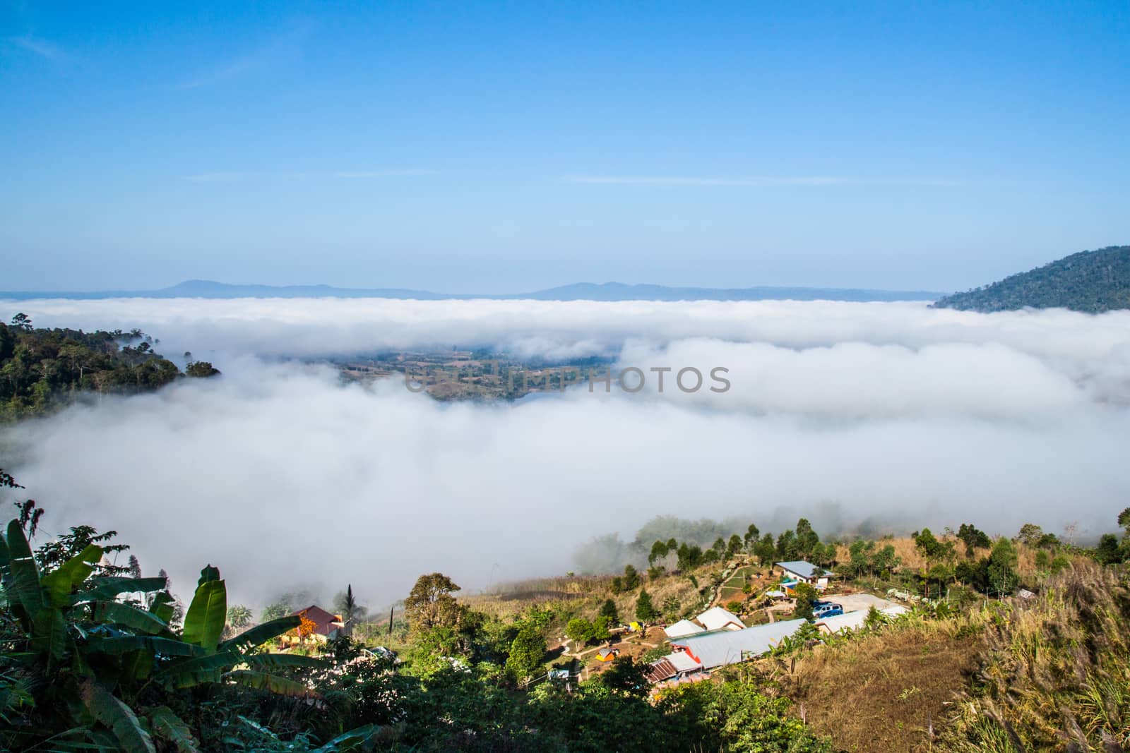 Misty fog over mountain,This place is KhaoKo in Petchaboon Province,Thailand
