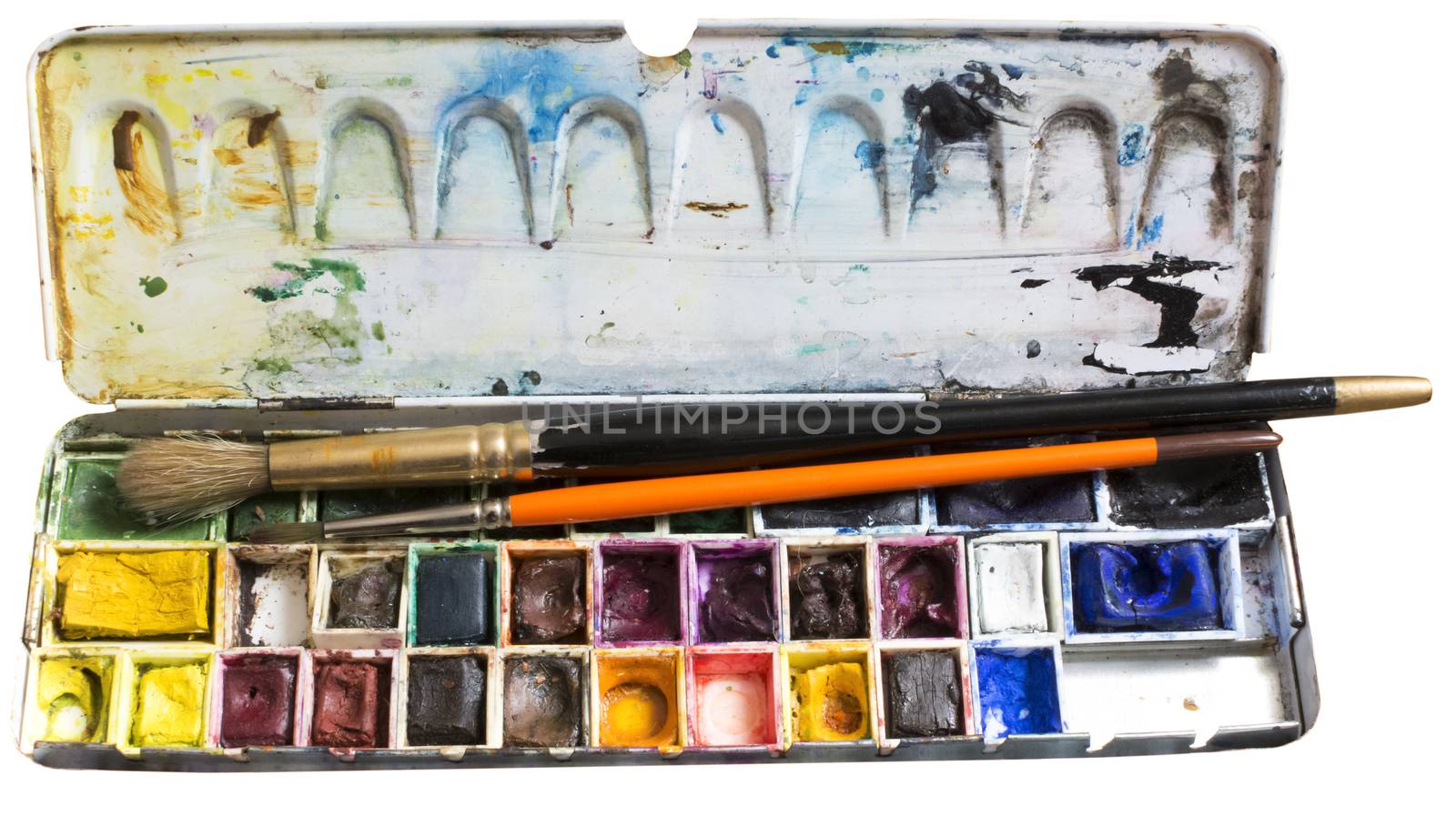Watercolor box. Artist tools - a well used and messy watercolor box and fine Kolinsky brushes.