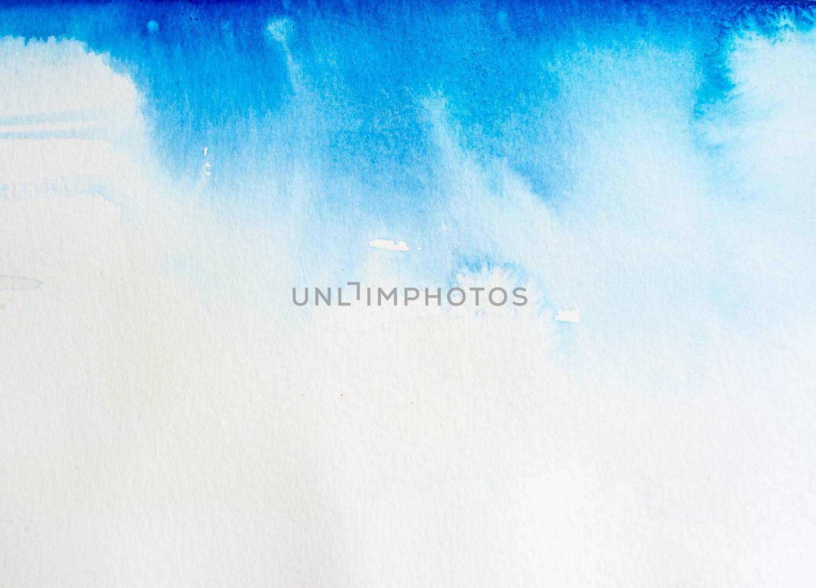 Watercolor background Heavens. Abstract blue textured watercolor background with whirls and splashes fading into white copy space on the bottom.