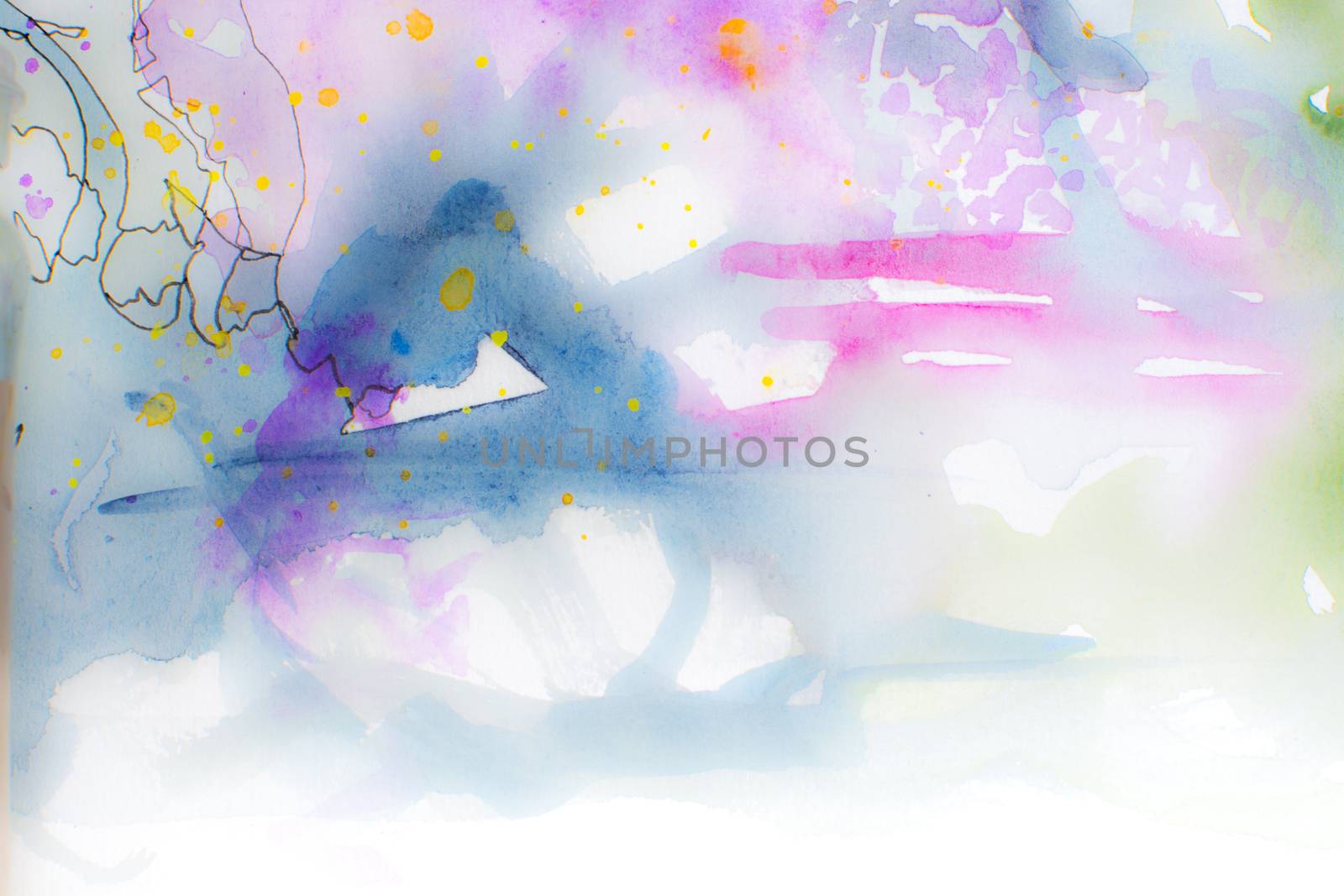 Colorful watercolor background in soft pastel shades of pink, blue and purple with some ink details. Fading out into isolated white on the right.