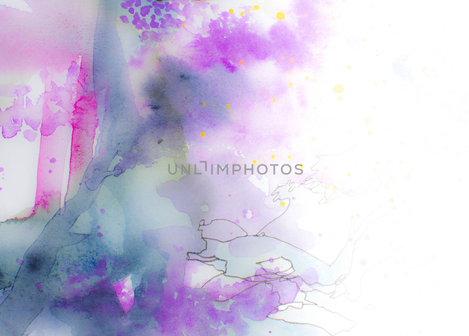 Colorful watercolor background or margin in soft pastel shades of pink, blue and purple with some ink details. Fading out into isolated white on the right.