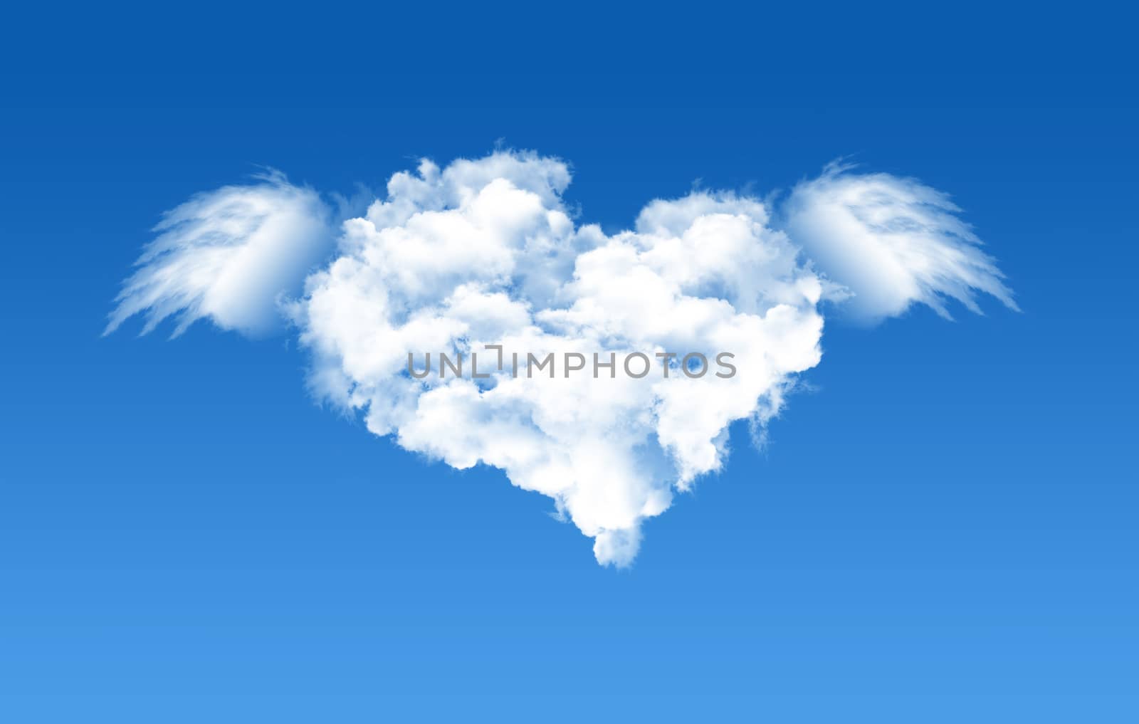 A heart shaped cloud formation against clear blue sky and flying with wings.