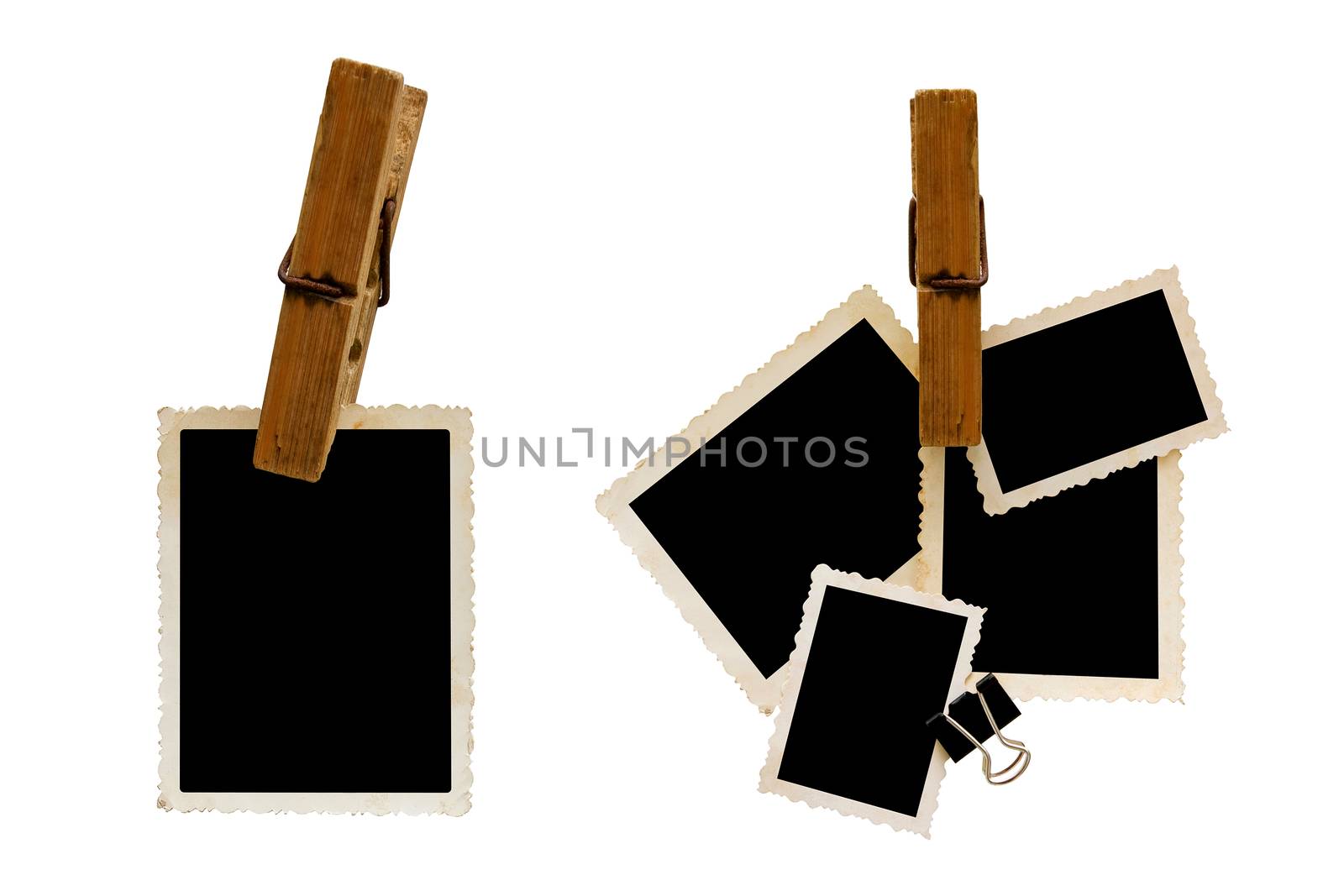 Hanging aged photo frames on white background by myyaym