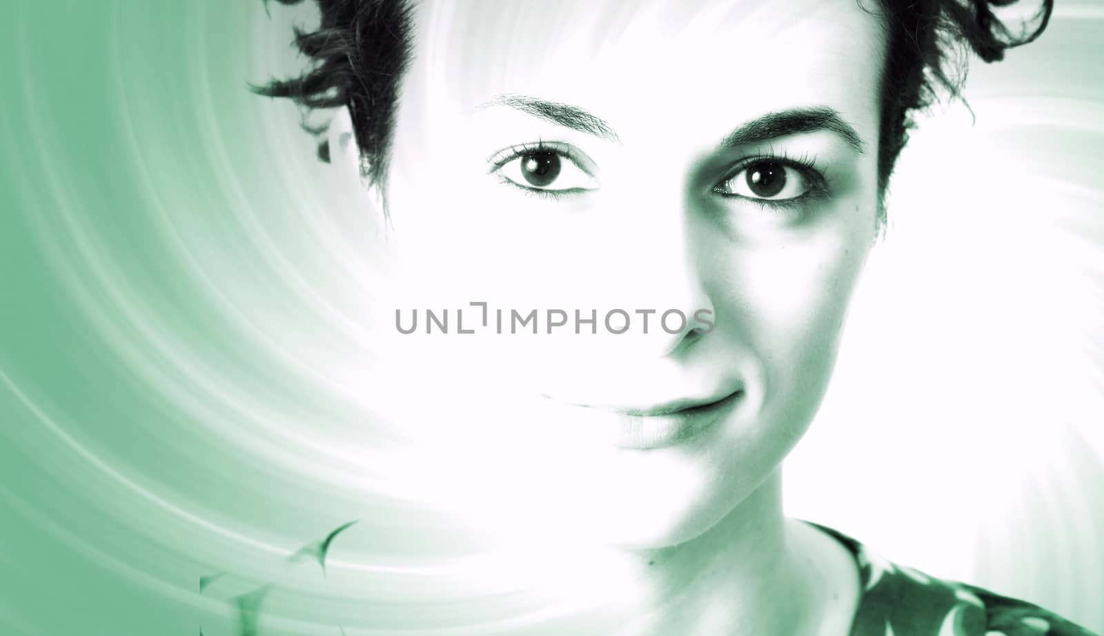 Woman face over ray of light background.