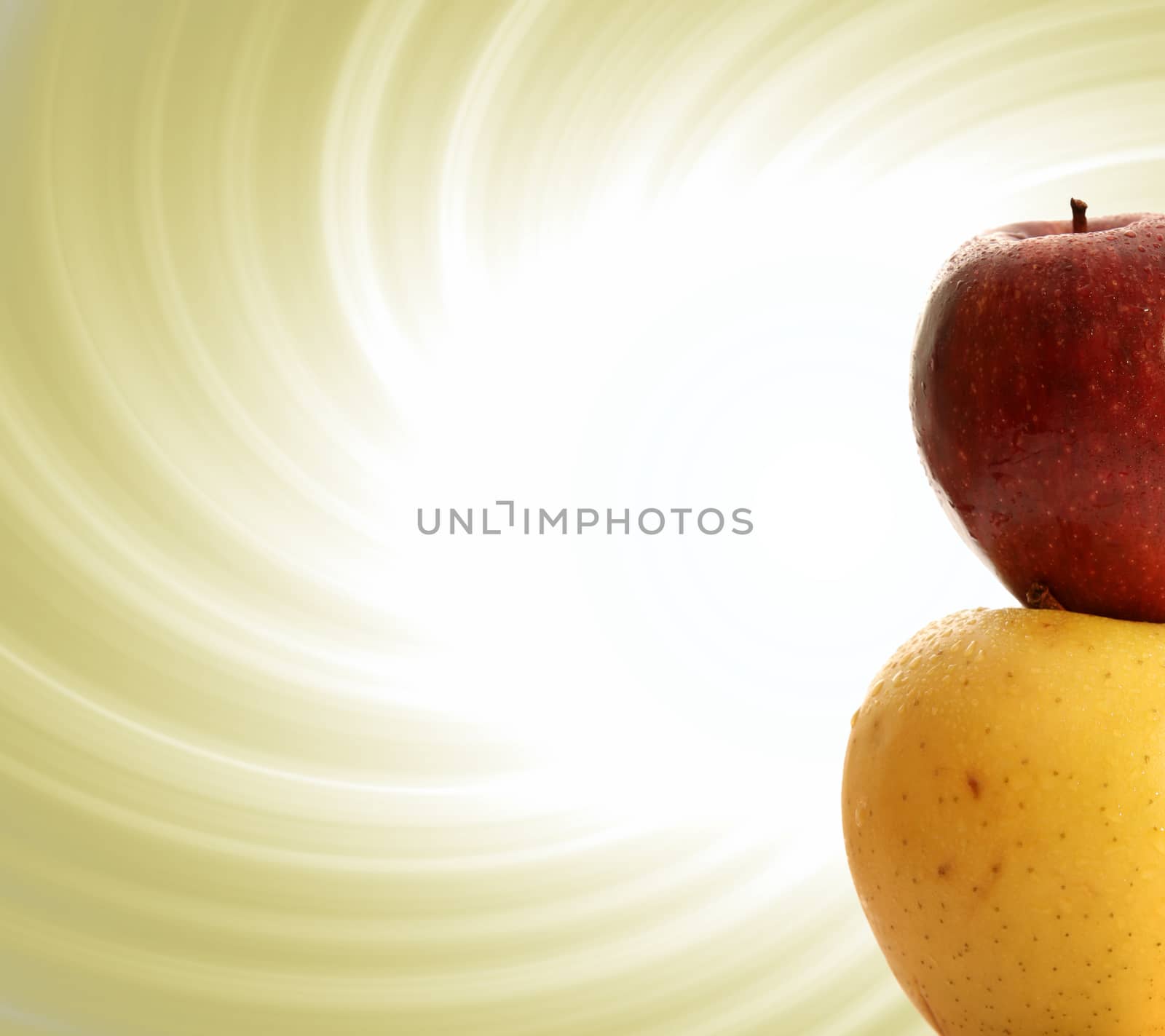 Macro image of yellow and red apple