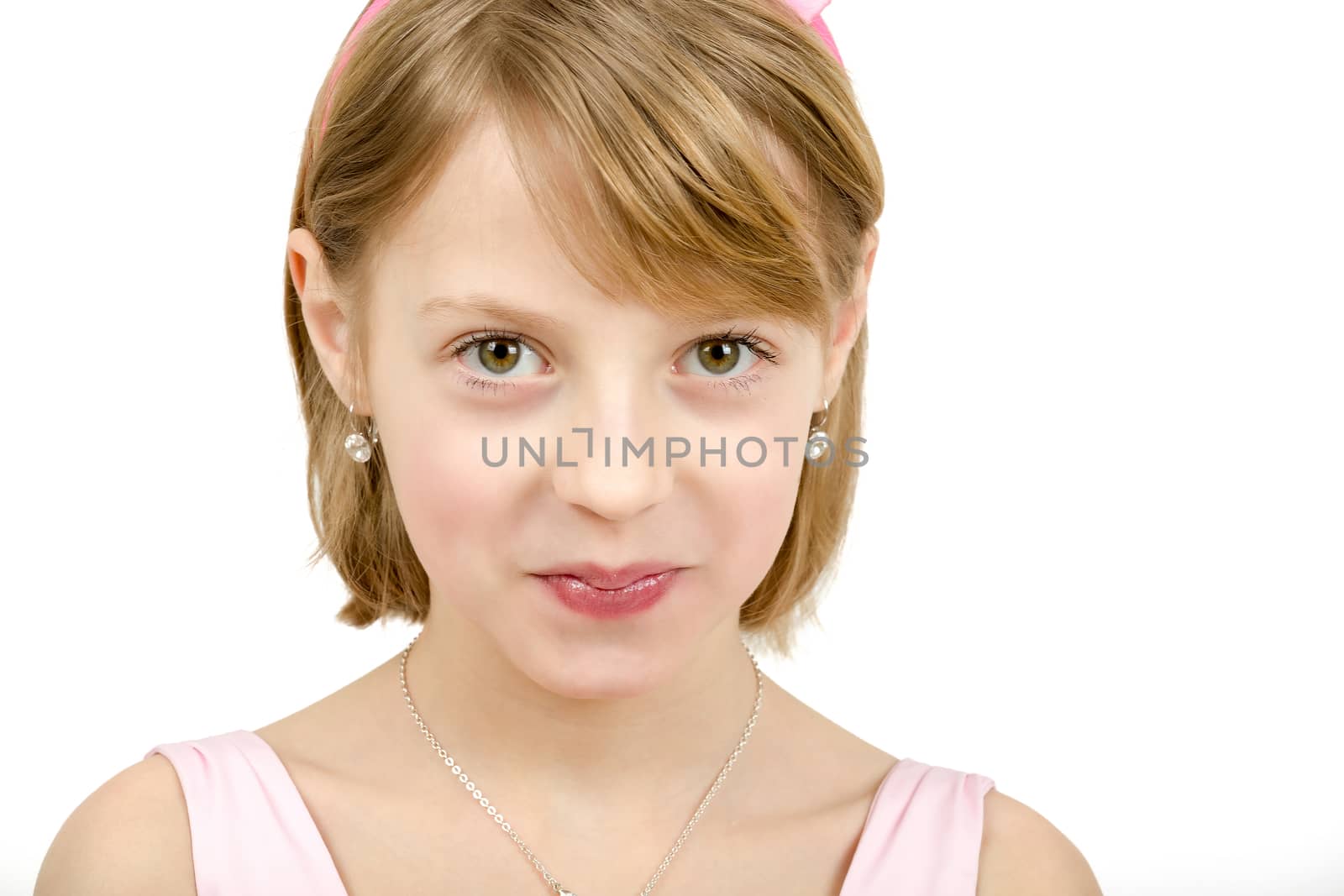 Studio portrait of young smiling beautiful girl with nice eyes on white background