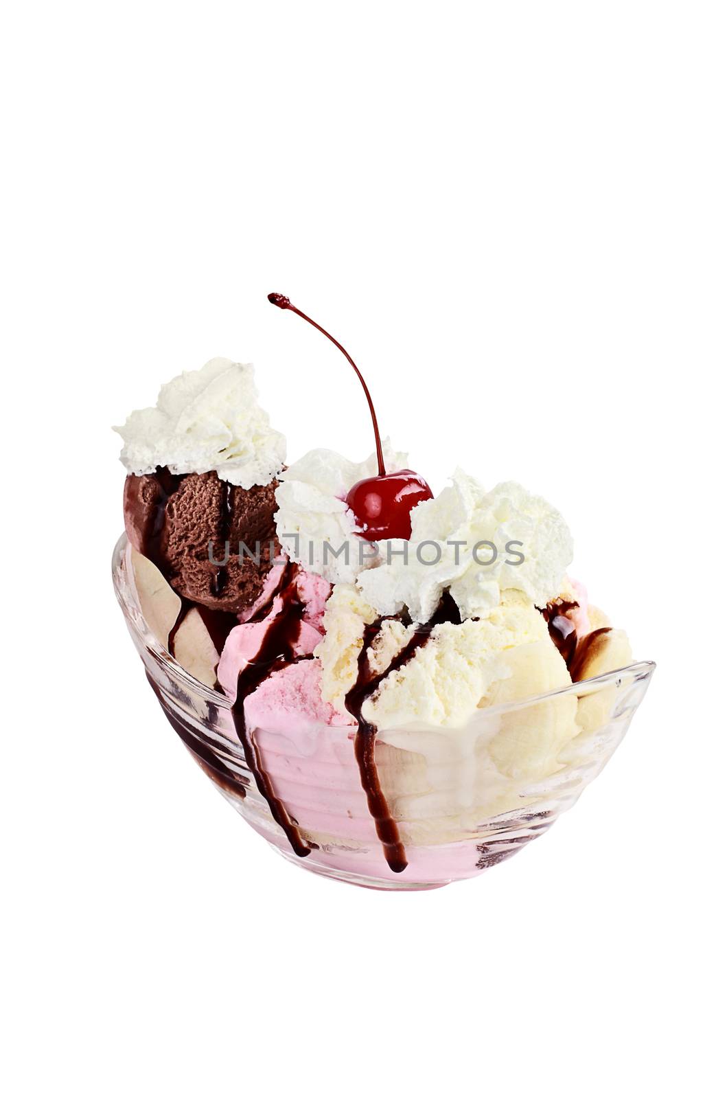 Banana split isolated on white background with clipping path included.