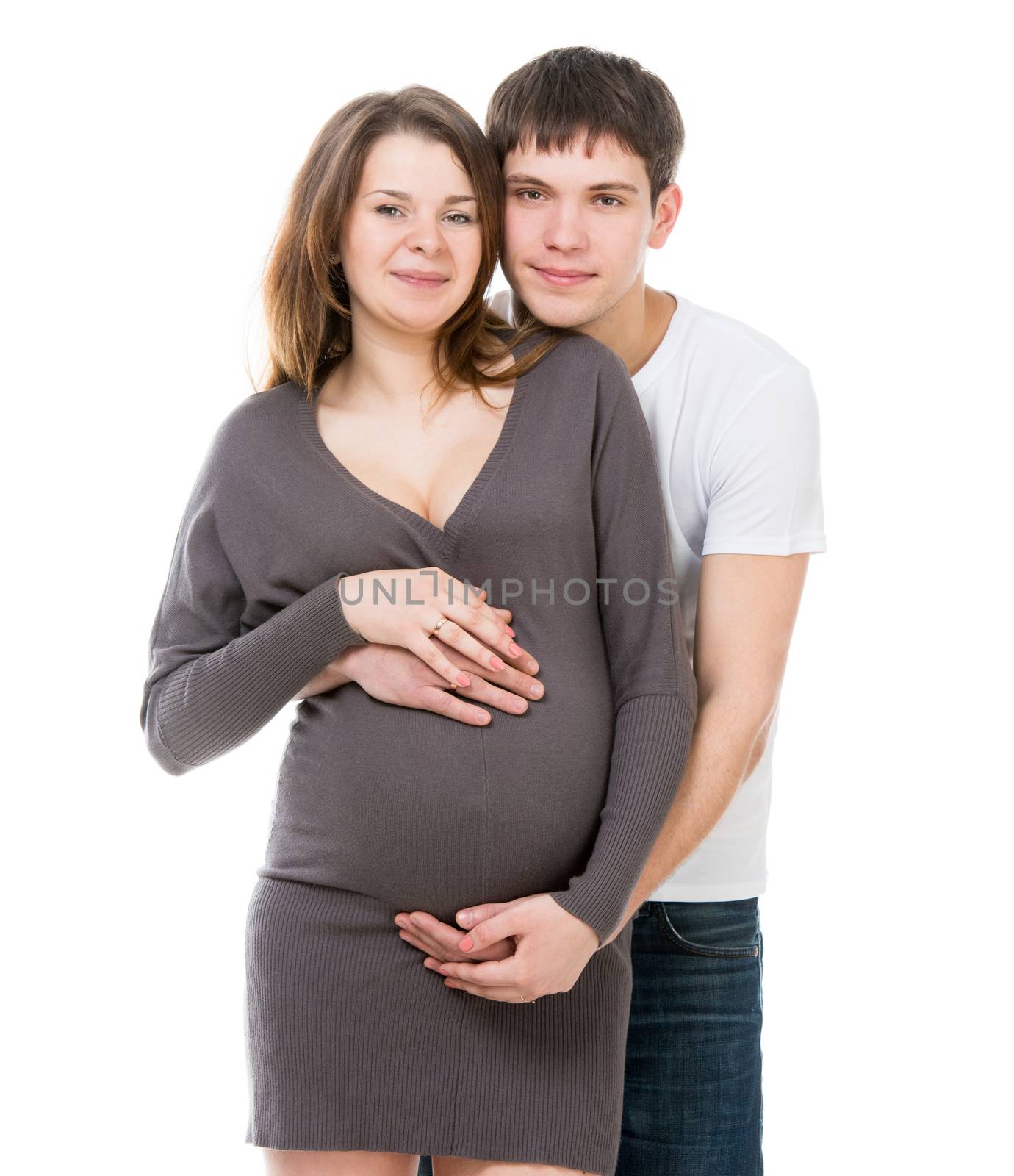 Man hugging pregnant Woman isolated on white background
