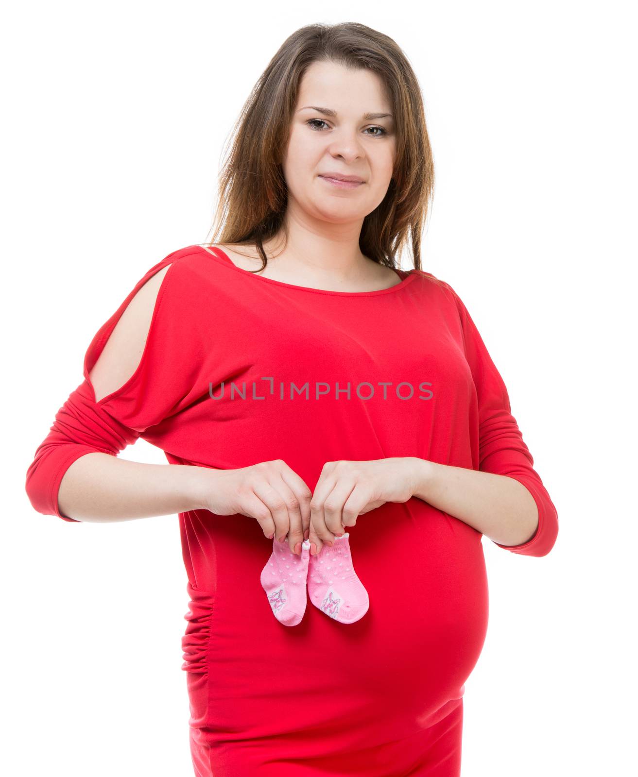 pregnant girl with babu socks on white background