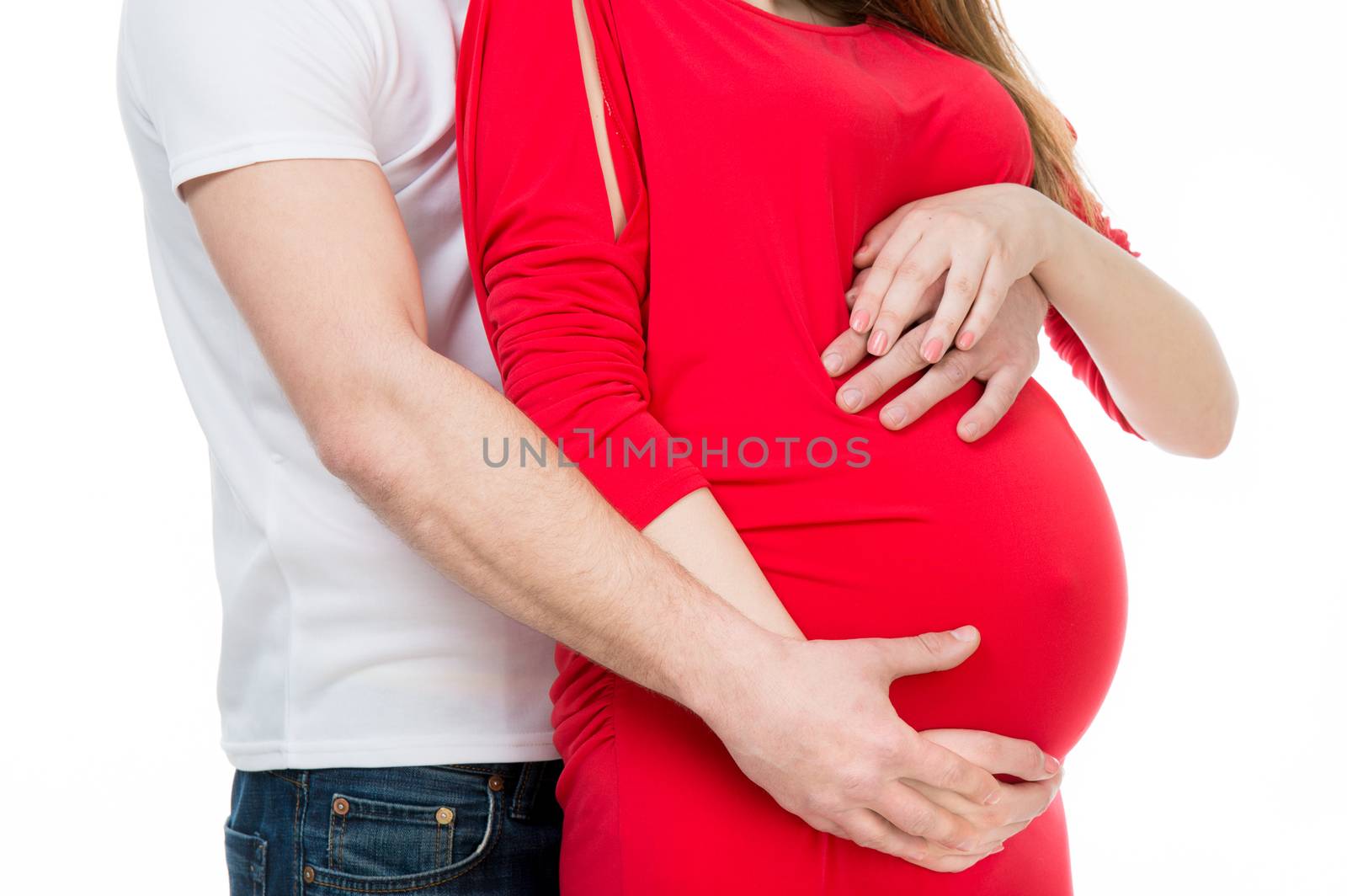 Pregnant woman with the husband on a white background