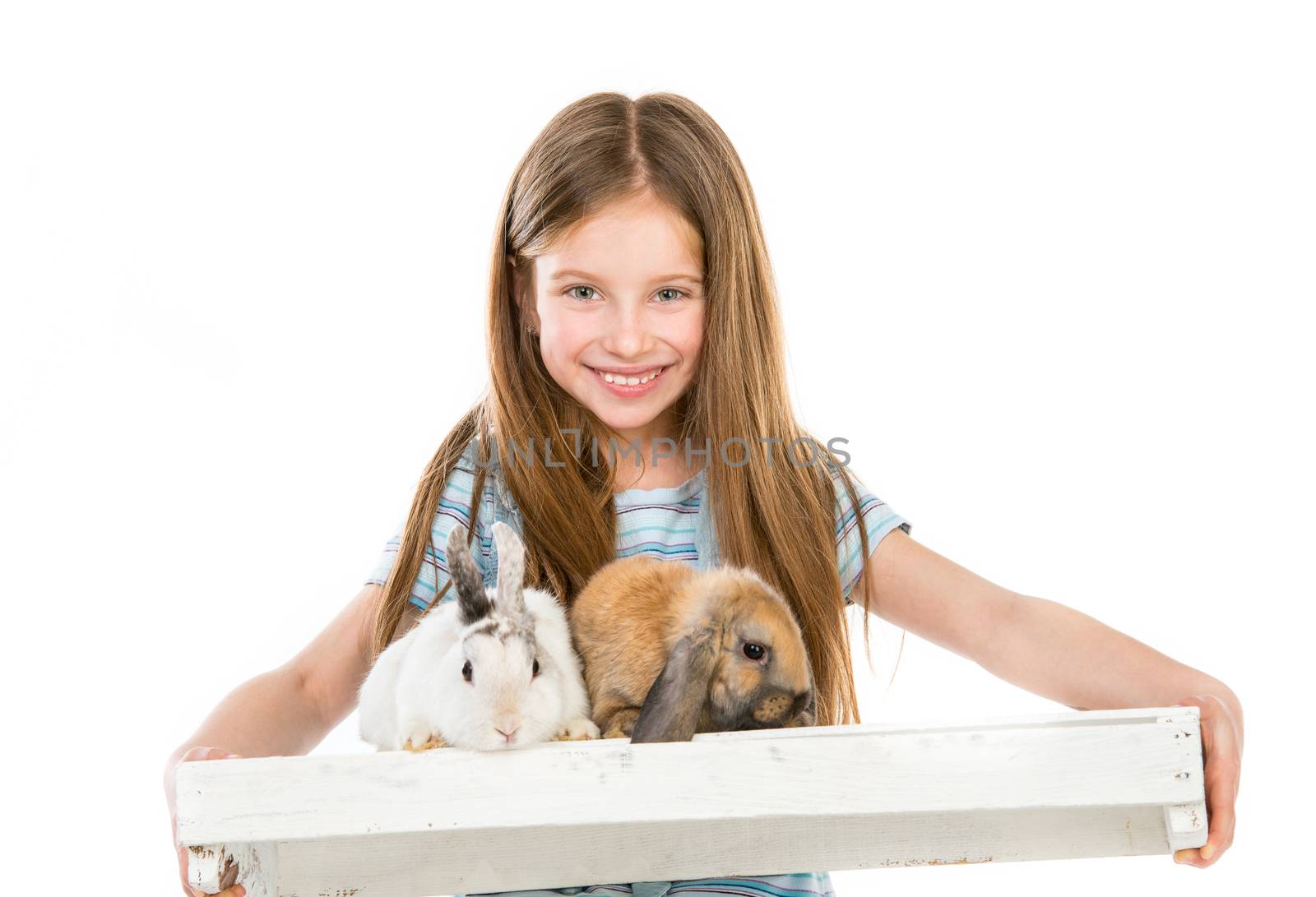 beautiful little girl holding two rabbits