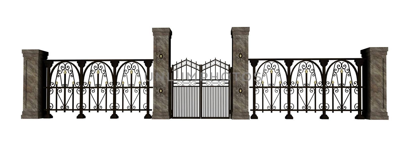 Closed big iron gate in white background