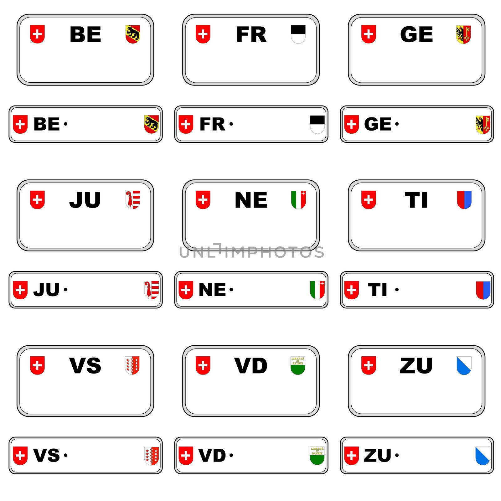 Nine swiss front and back plate numbers in white background