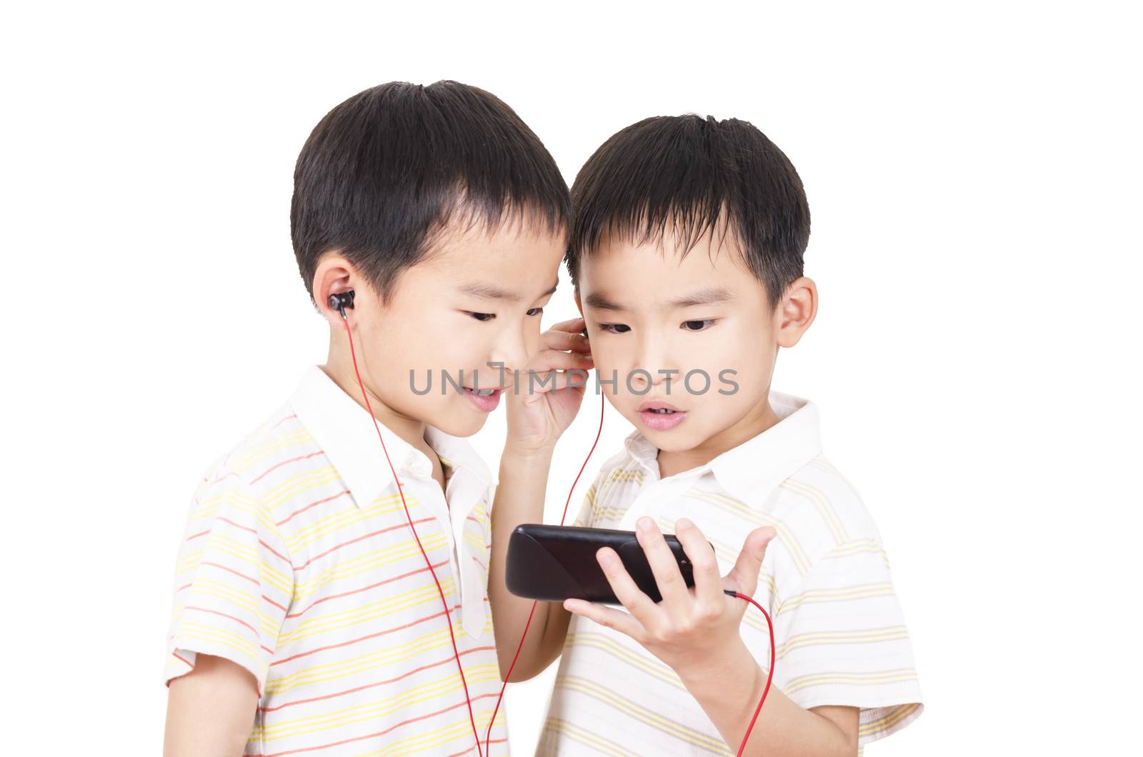 Cute children listen to music