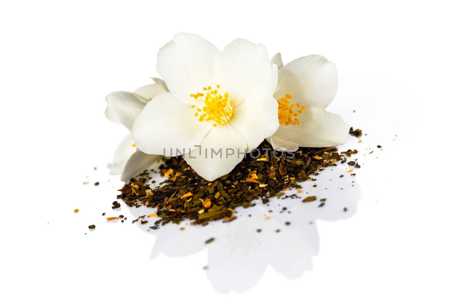 Jasmine flower with dry jasmine tea on white background