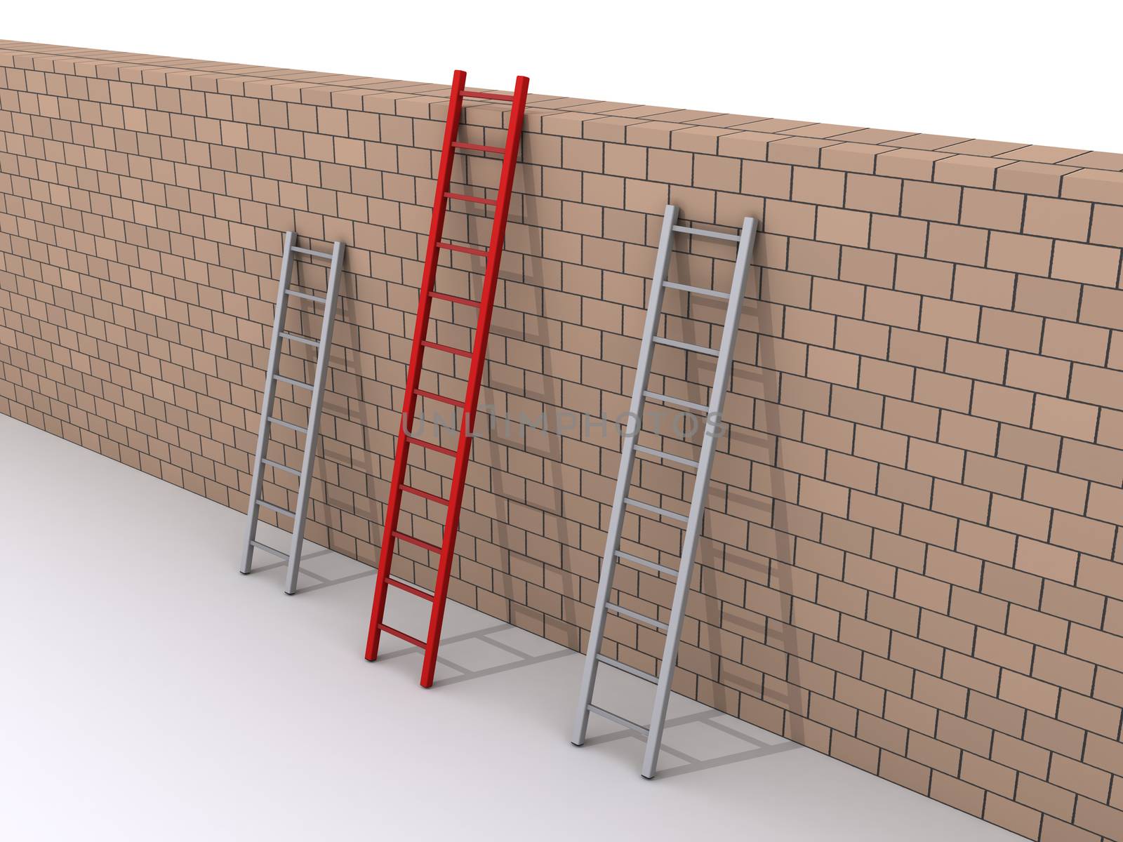 Three ladders are leaning against a wall, but one is bigger