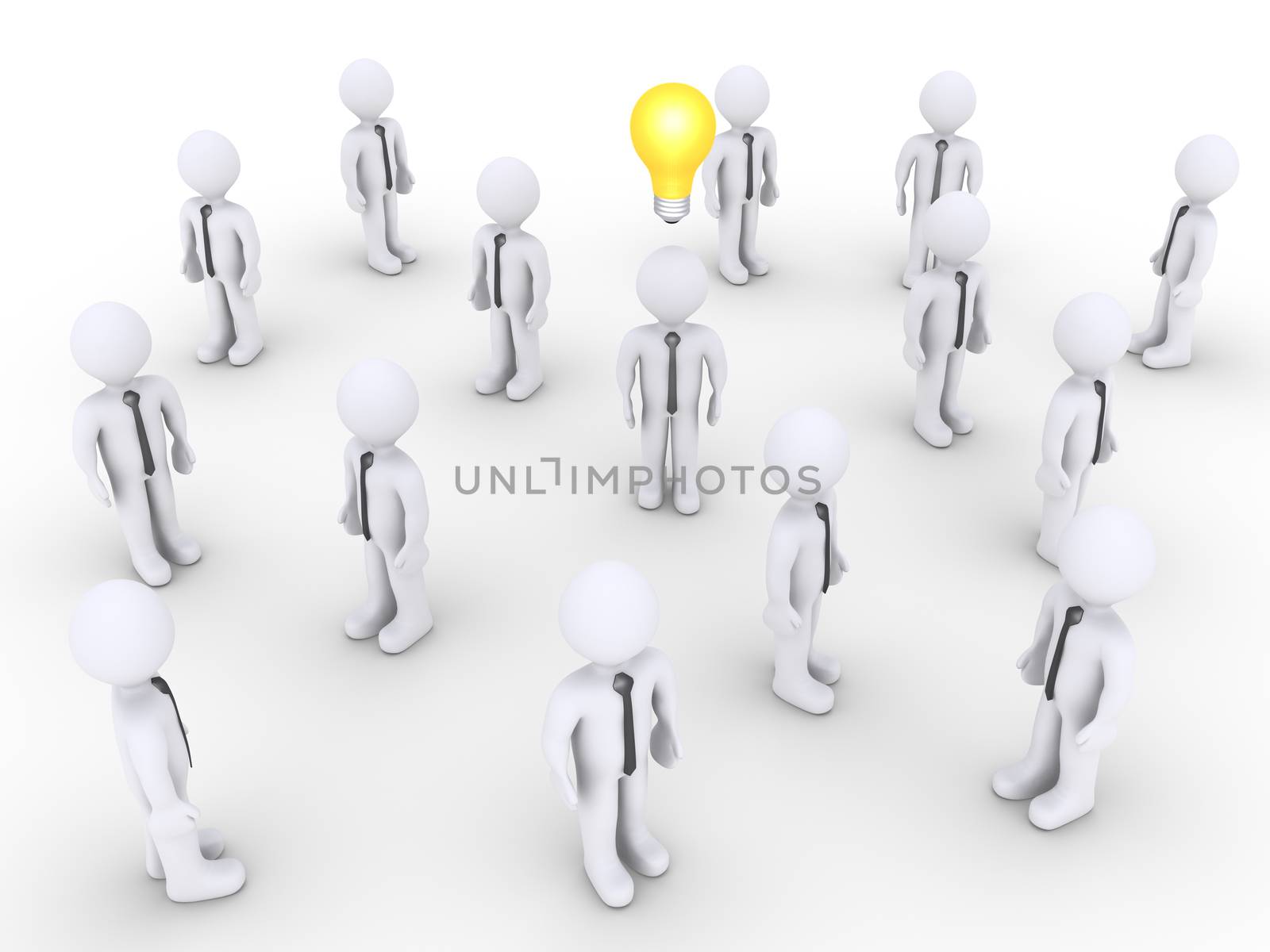 Many businessmen standing but one has a lightbulb over him