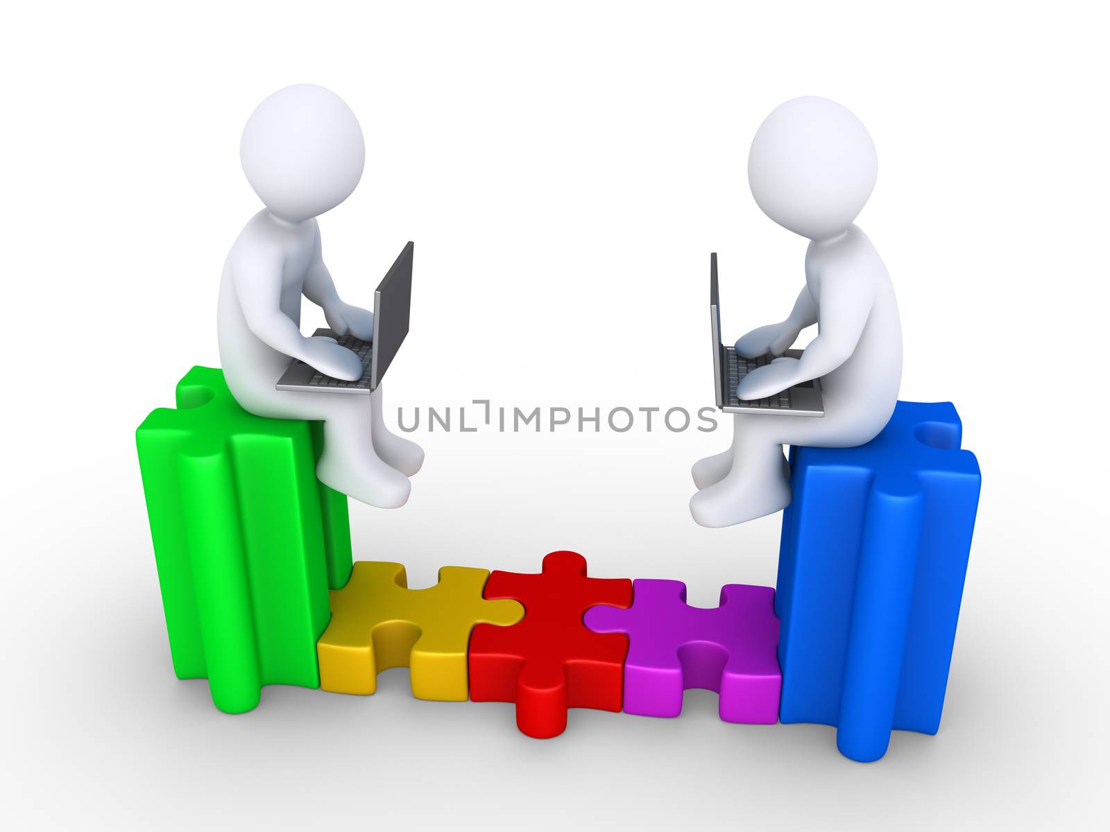 Two people with laptops sitting on puzzle pieces, are connected