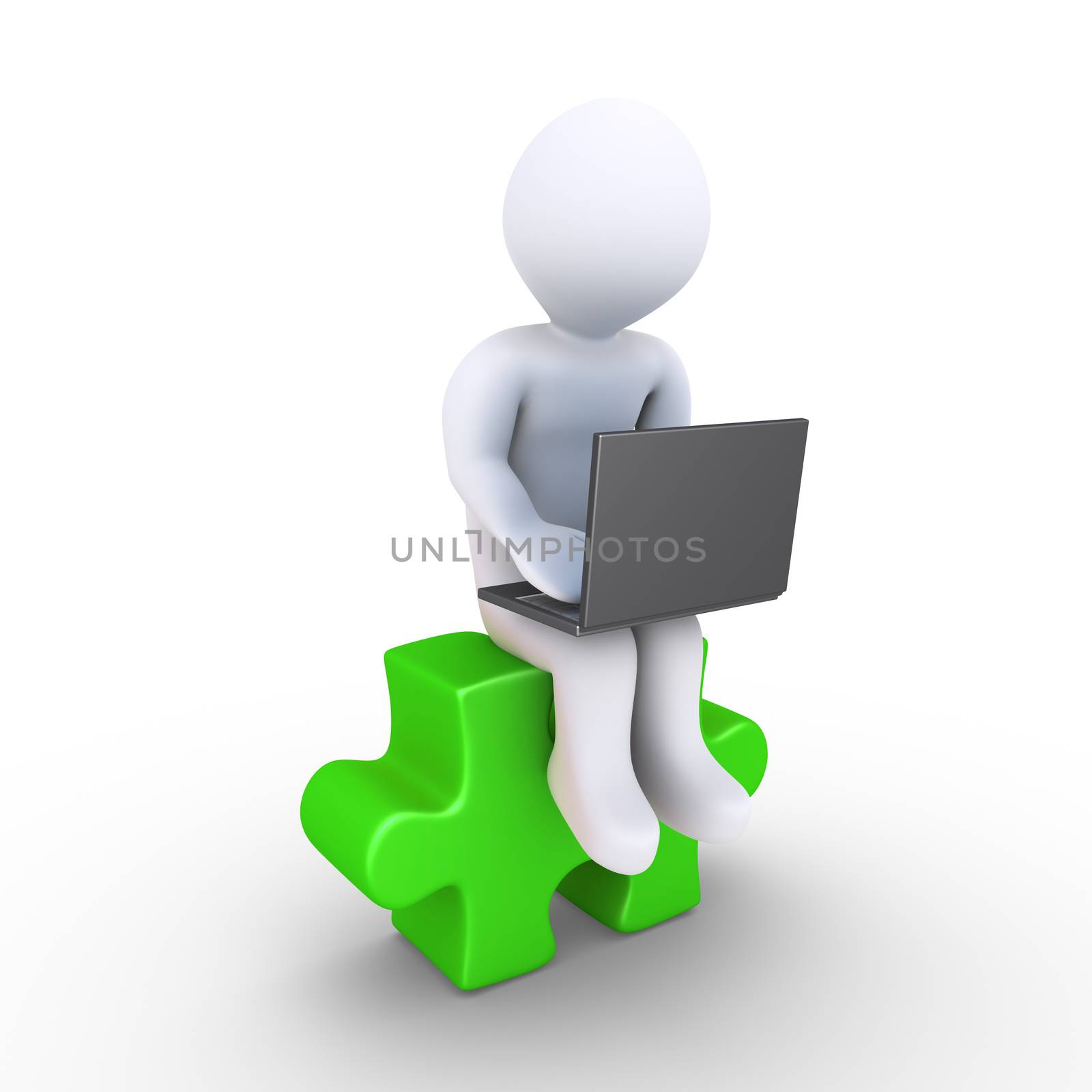 3d person with a laptop is sitting on a puzzle piece