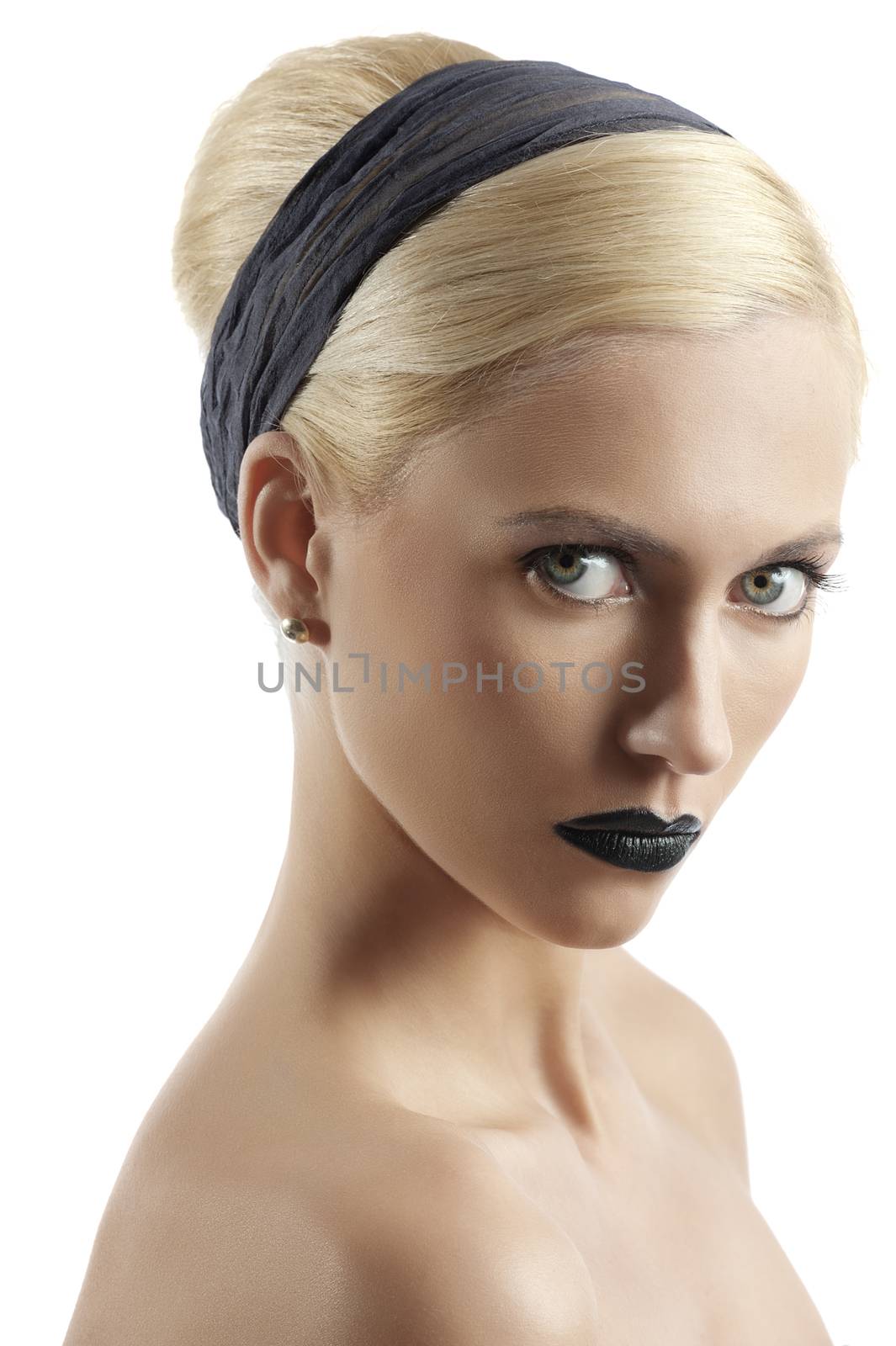 fashion portrait of young blond woman with hair style black lips looking at the camera against white background