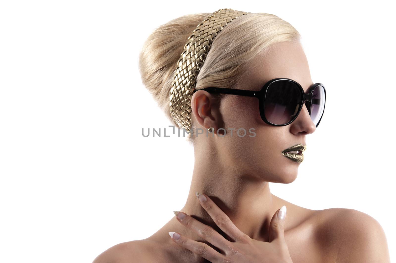 cute and attractive blond girl with sunglasse and hair style looking on one side