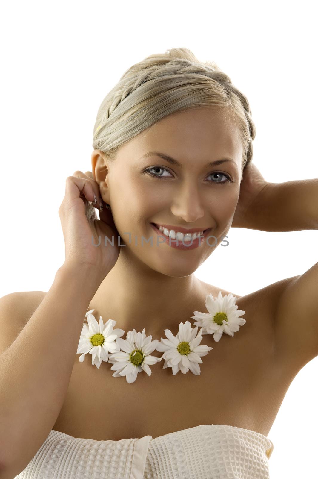 nice portrait of a beautiful woman with twist braid around her head