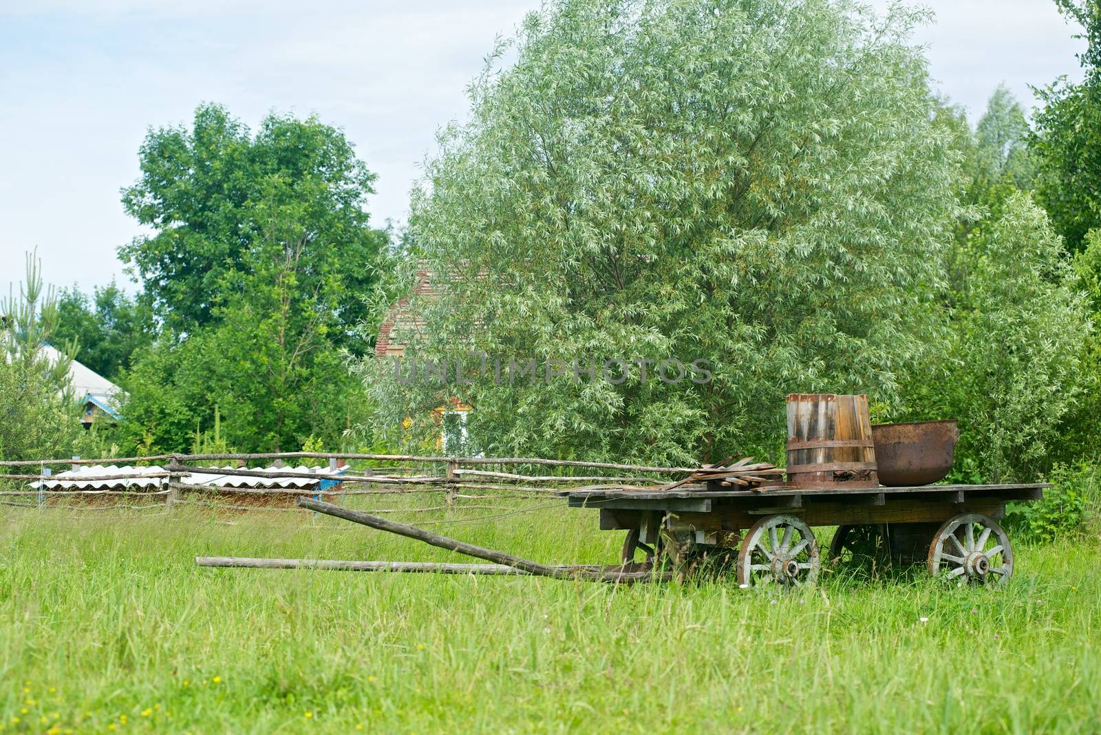 The picture of wooden cart in the grass