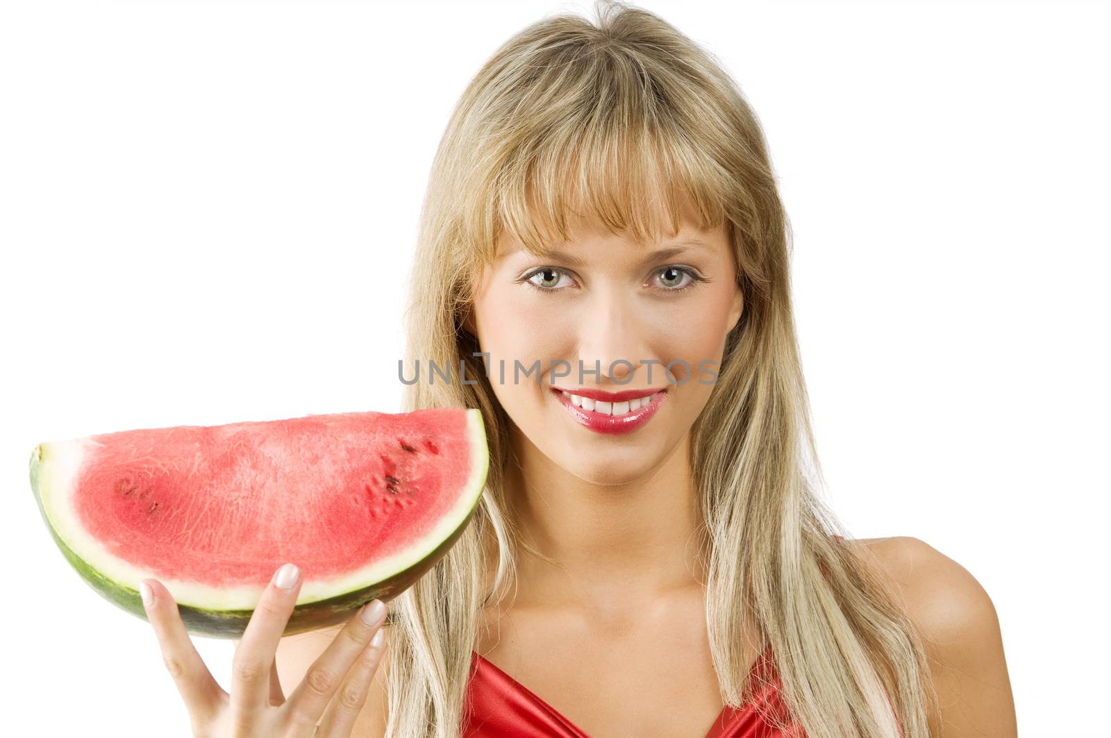 cute blond girl in red dress and red lips eating a water melon