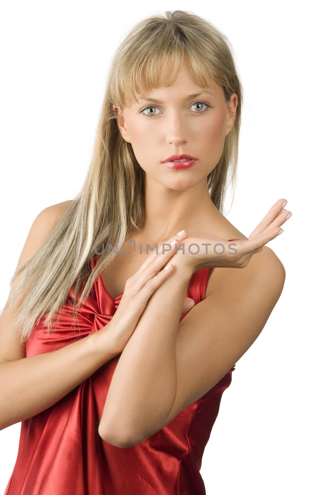 attractive and smiling woman presenting a product on white background