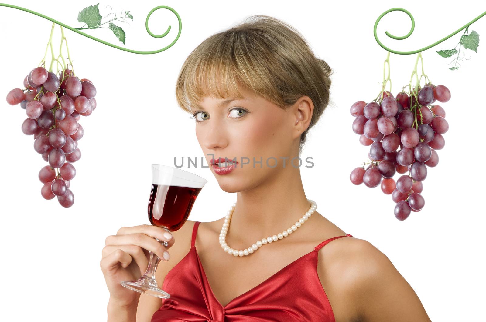 portrait of an elegant blond girl with necklace drinking red wine