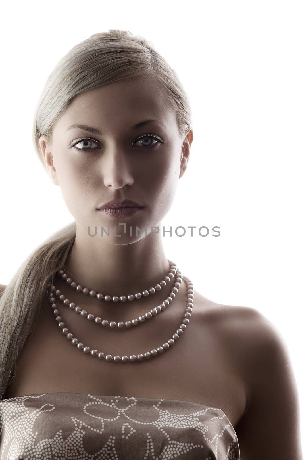 nice portrait with desaturate color of blond woman with necklace