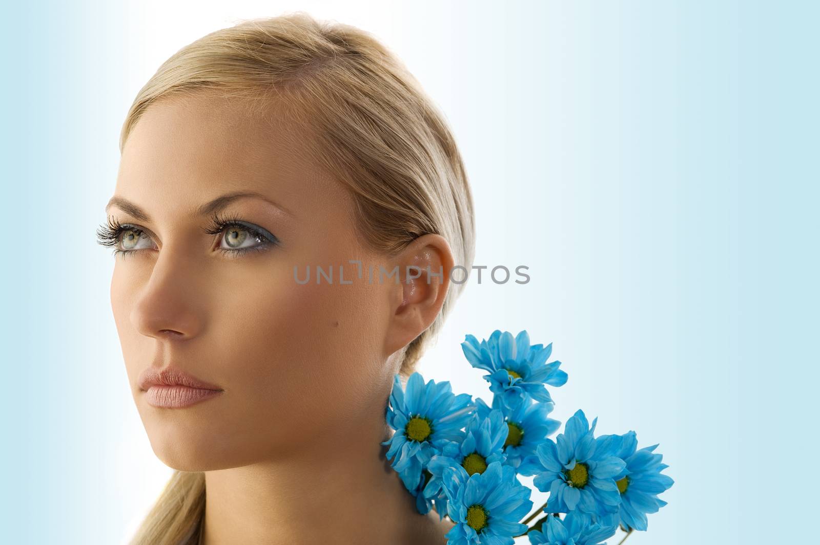 beauty portrait of pretty blond girl with blue daisy