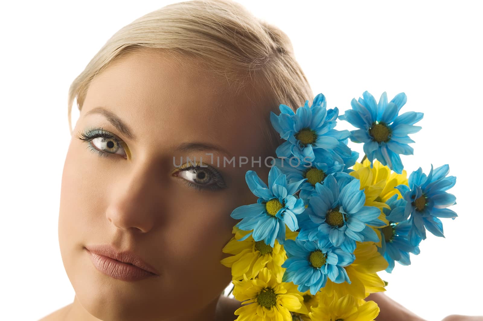 nice beauty portrait of pretty blond girl with blue and yellow daisy and colored makeup