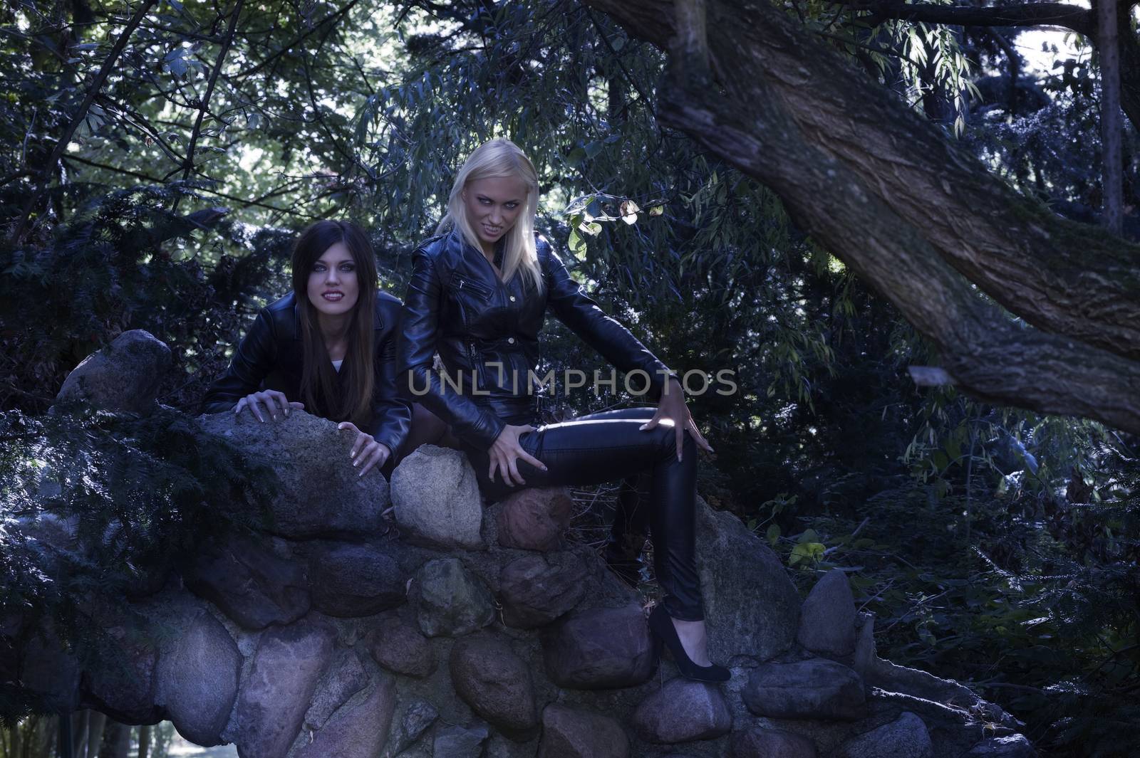 sexy and cute blond and brunette together in park with skin dress and posing like creature of the night