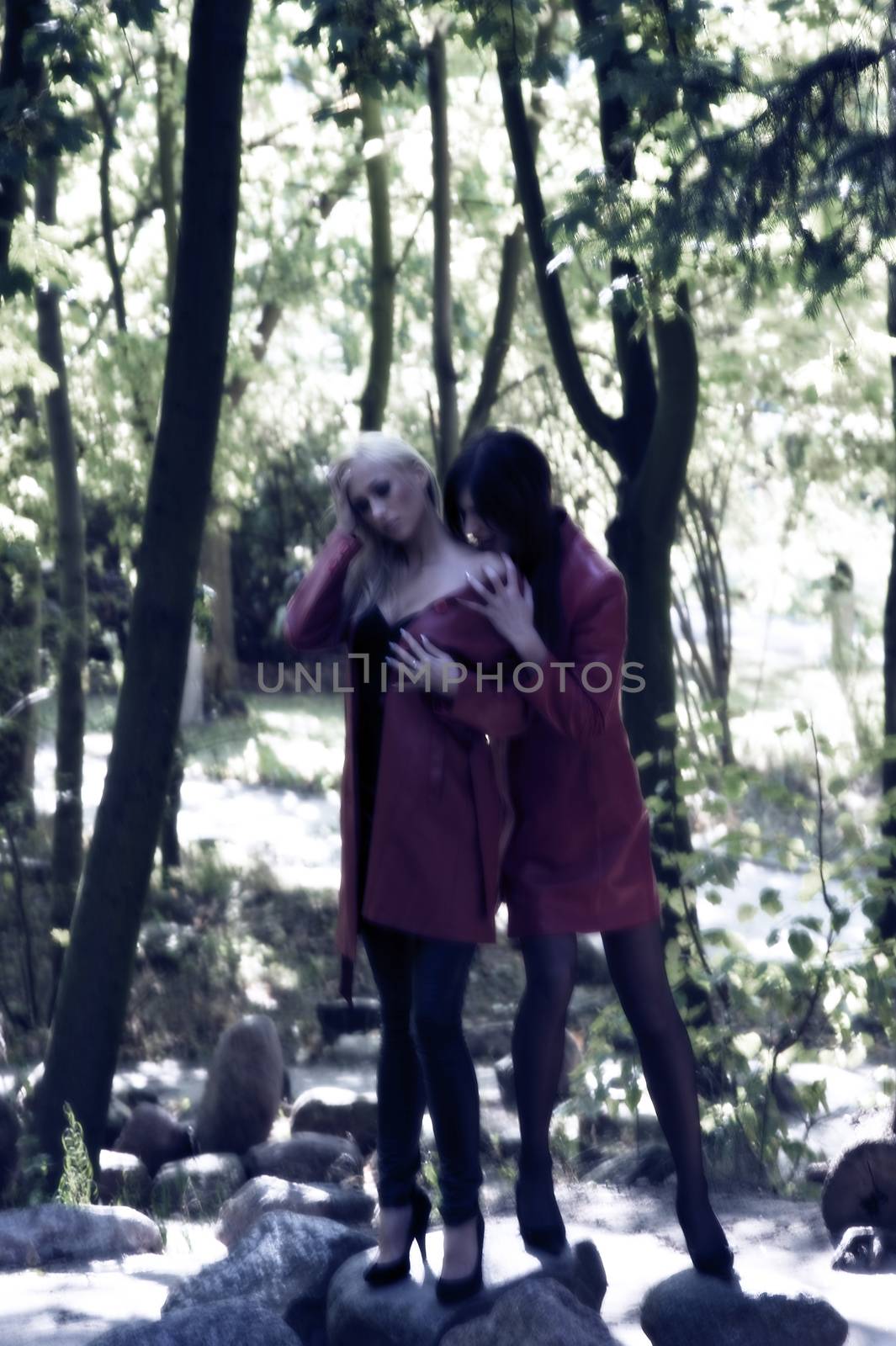 sexy and cute blond and brunette in a park like vampire the photo had moving blur