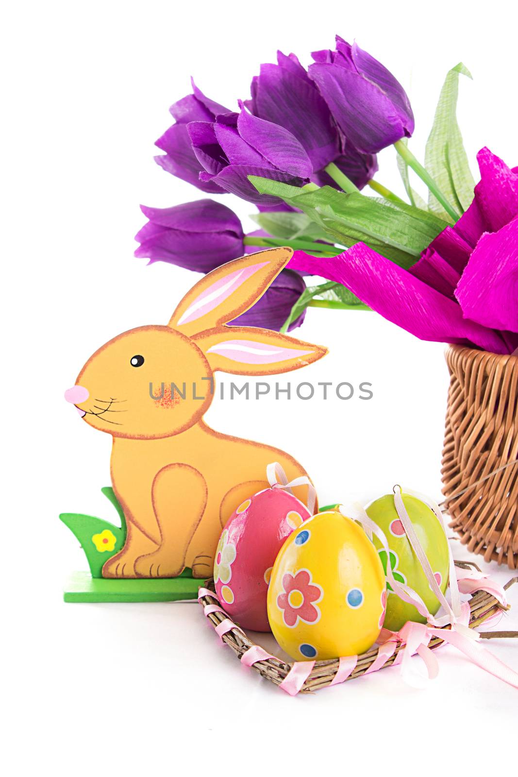 Easter decoration with rabbit, eggs and tulips by Angel_a