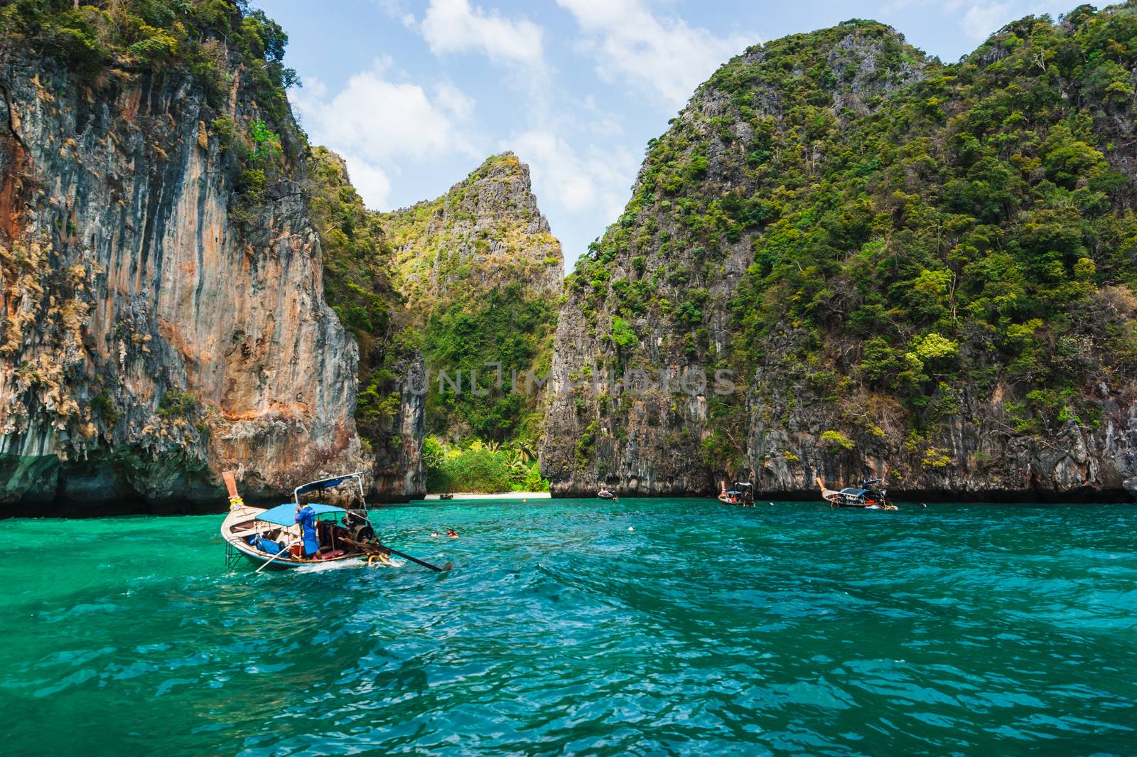 Boats at sea against the rocks in Thailand. Phi Phi Island
