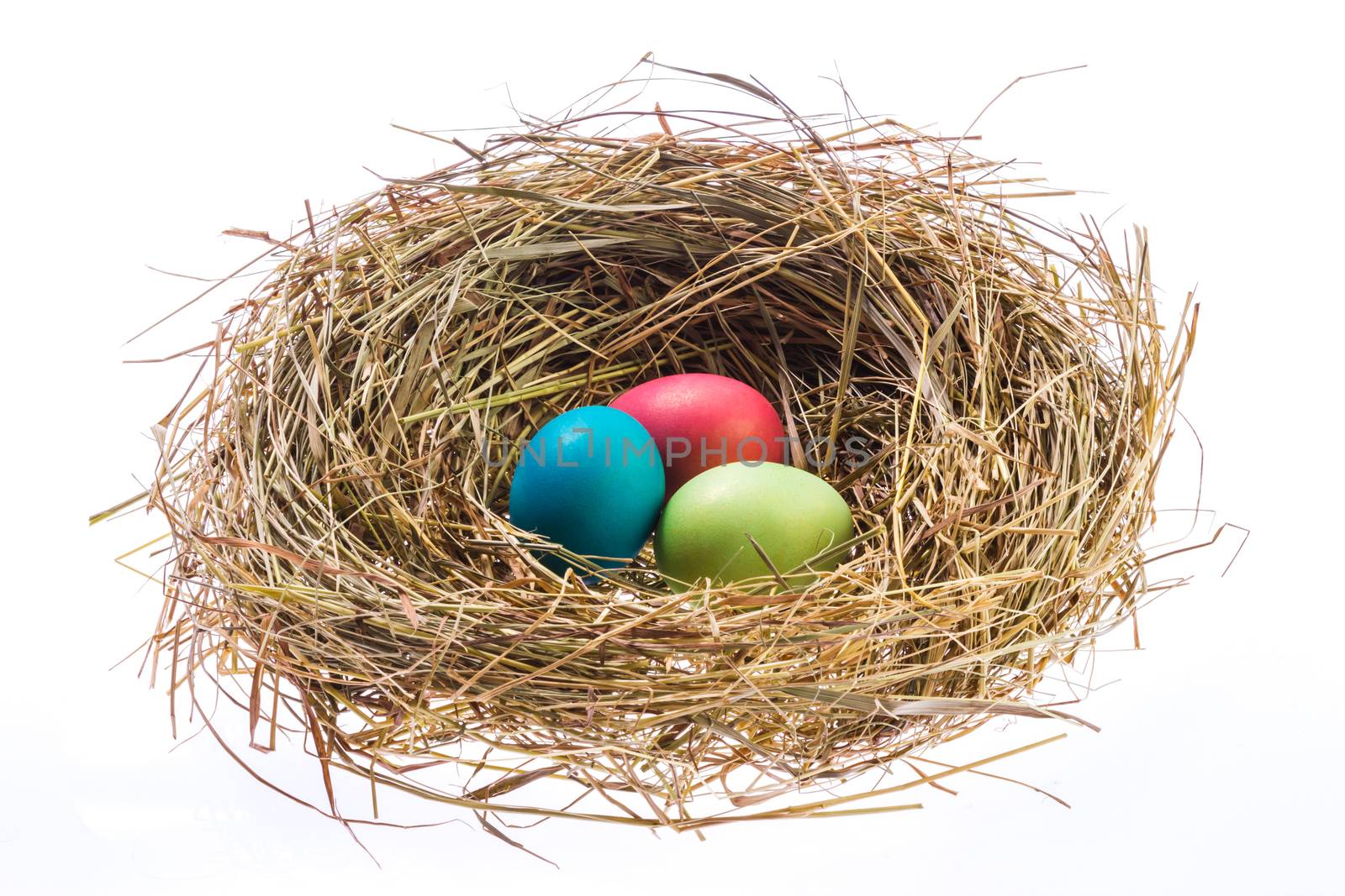 Nest with Easter eggs isolated on white background