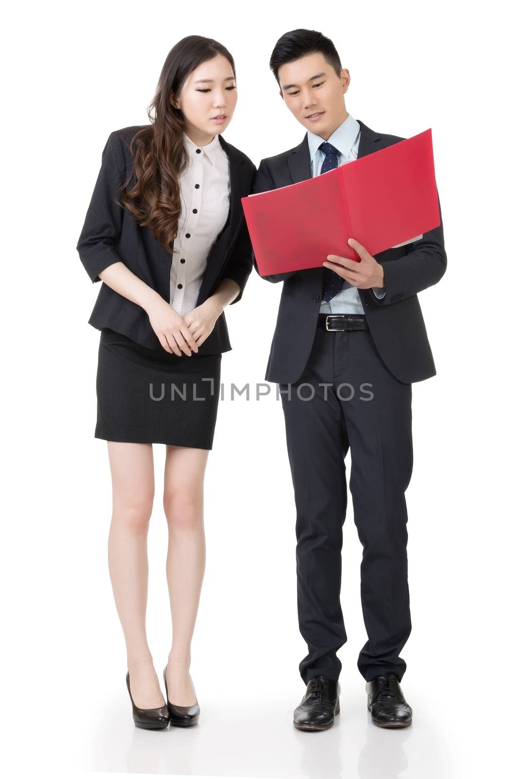 Business man and woman discuss, full length portrait isolated on white background.