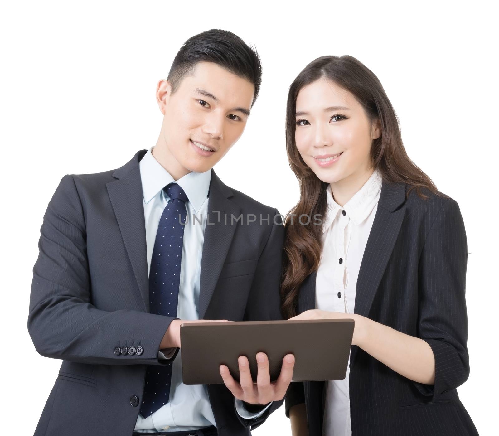 Business man and woman discuss, closeup portrait isolated on white background.