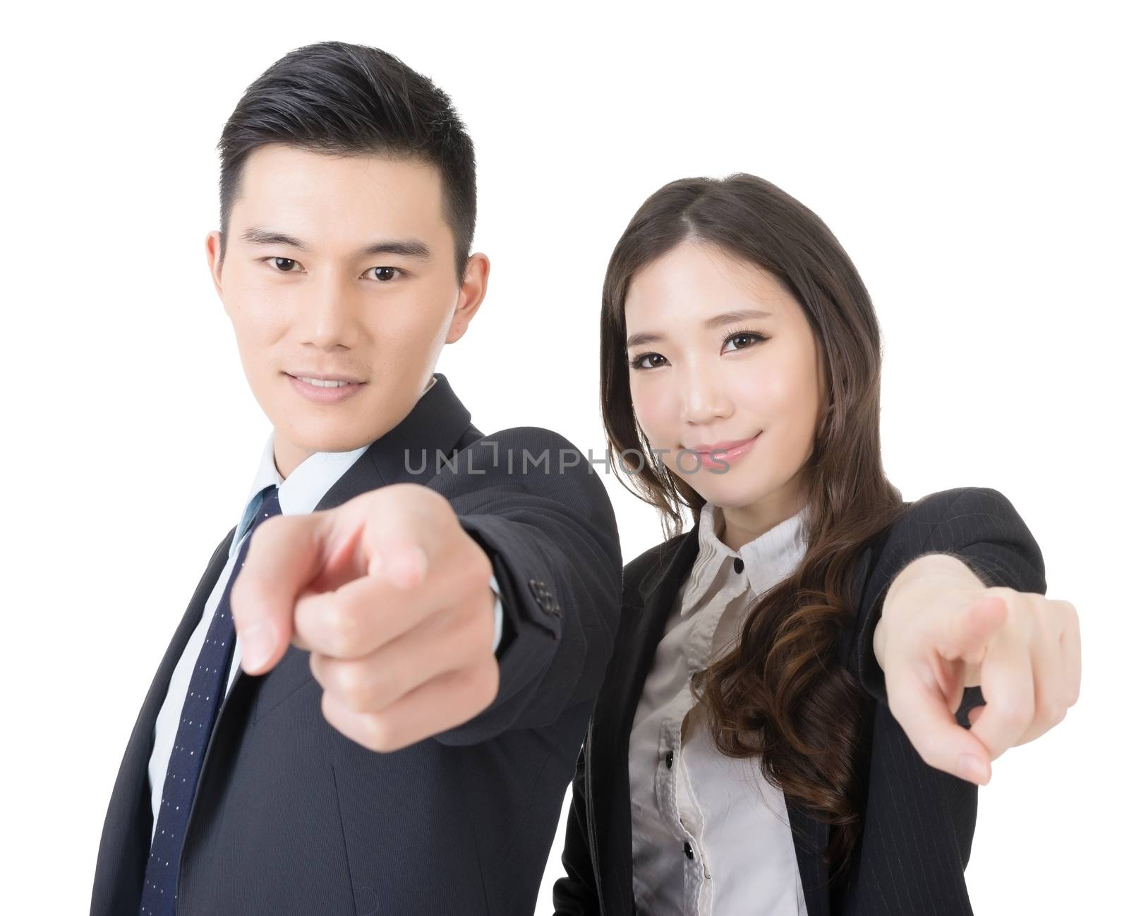 Business man and woman point at you, closeup portrait isolated on white background.