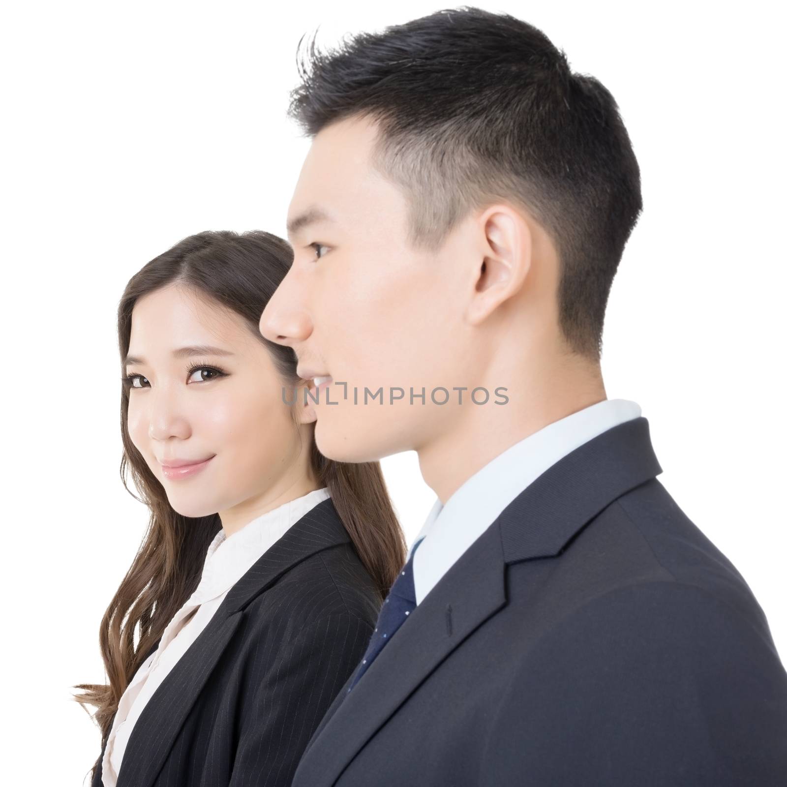 Side view of businessman and woman, close up portrait on white background.