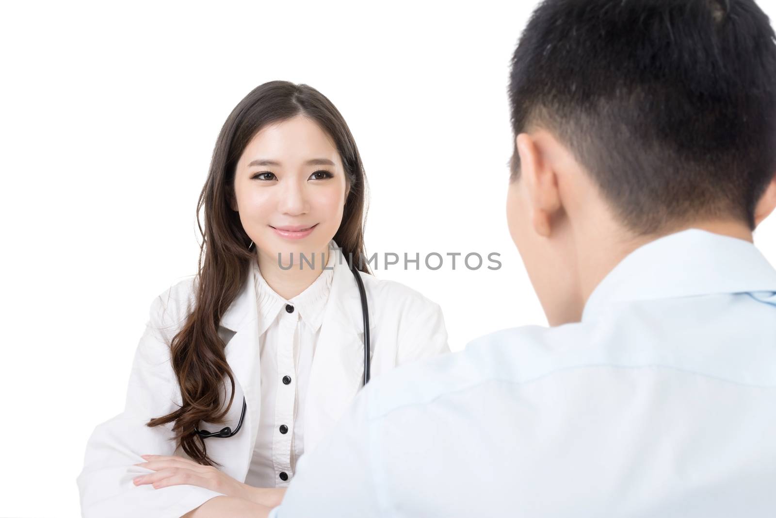 Asian doctor woman talking to a man in hospital office.