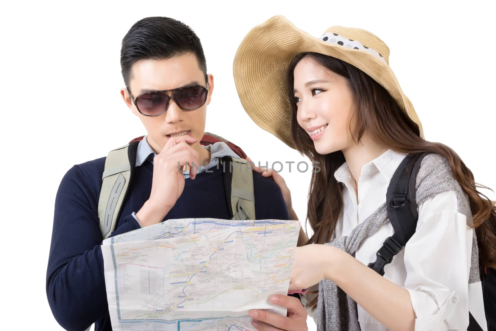 Asian young couple traveling and looking the map, closeup portrait on white background.
