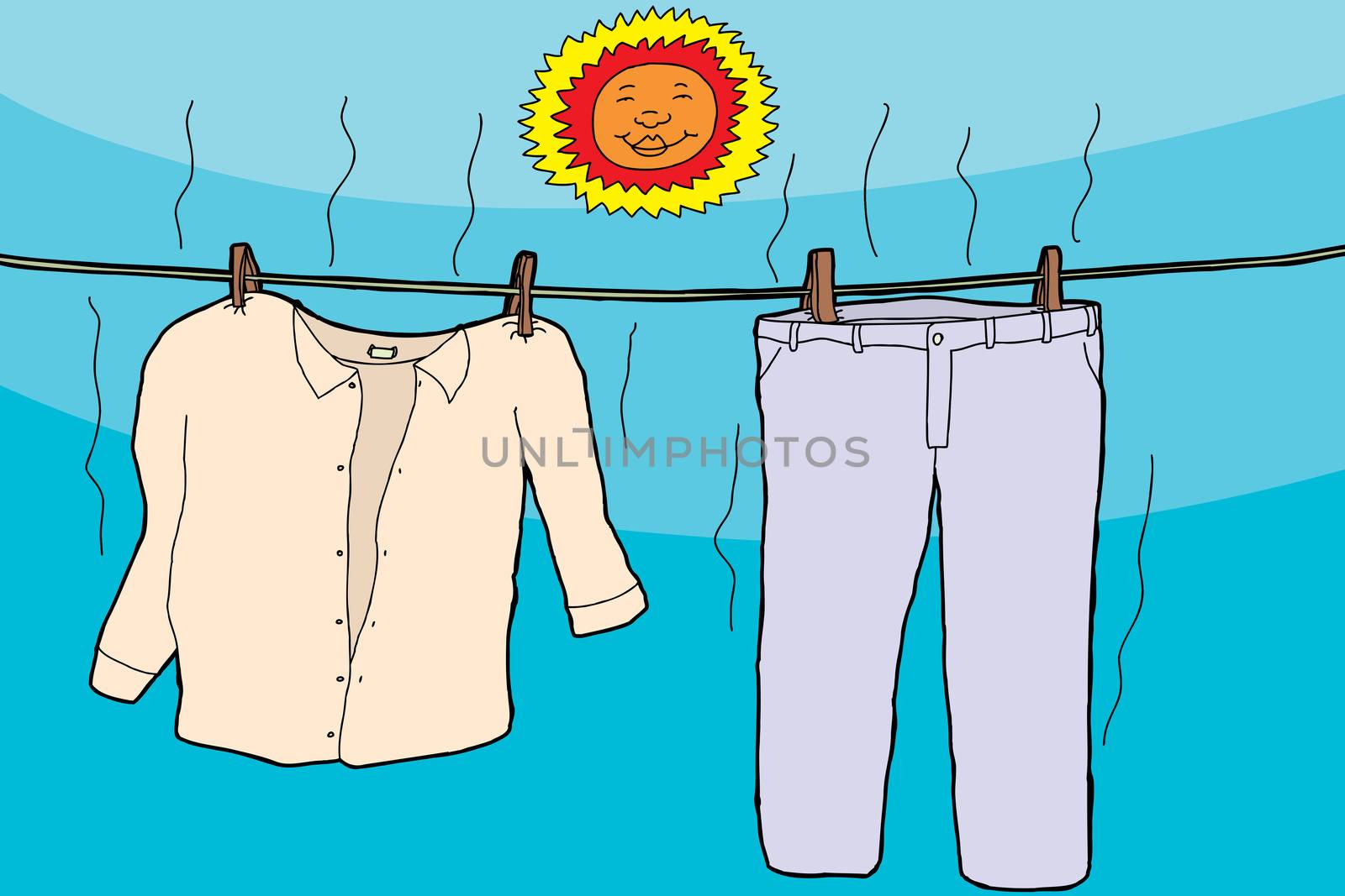 Damp clothes on clothesline drying under smiling sun