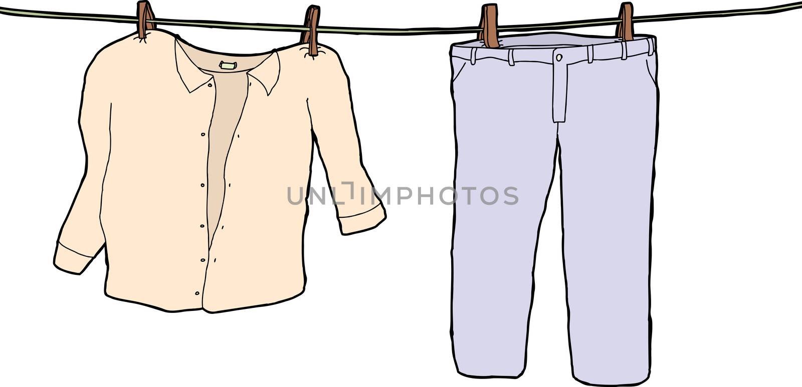 Pants and shirt on clothesline drying on white background