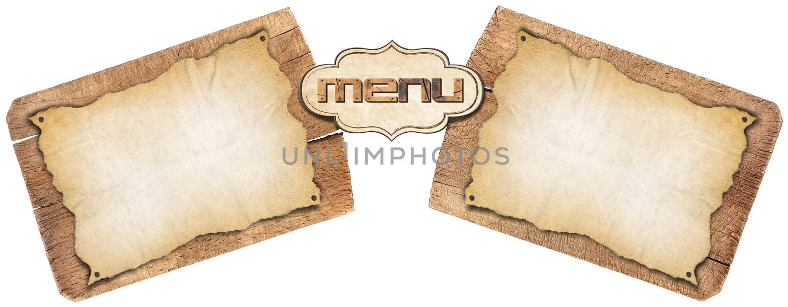 Two empty parchments on used wooden cutting boards, template for a rustic menu
