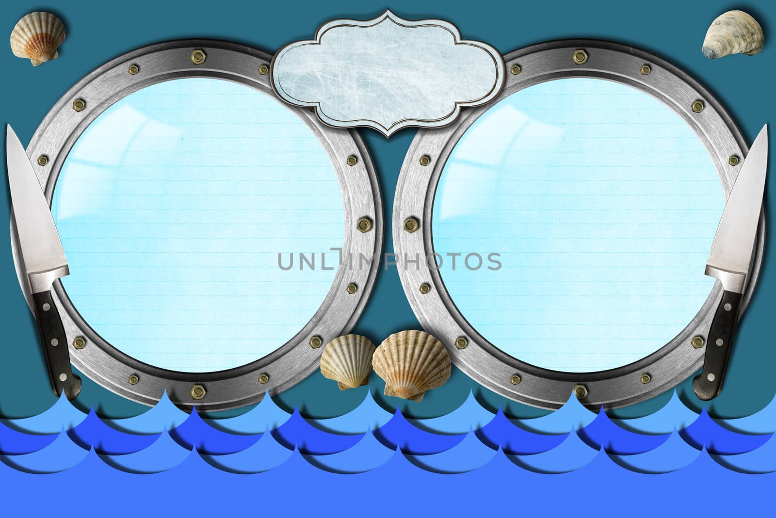 Two metal portholes with blue waves, kitchen knife, empty label and seashells, template for recipes or seafood menu