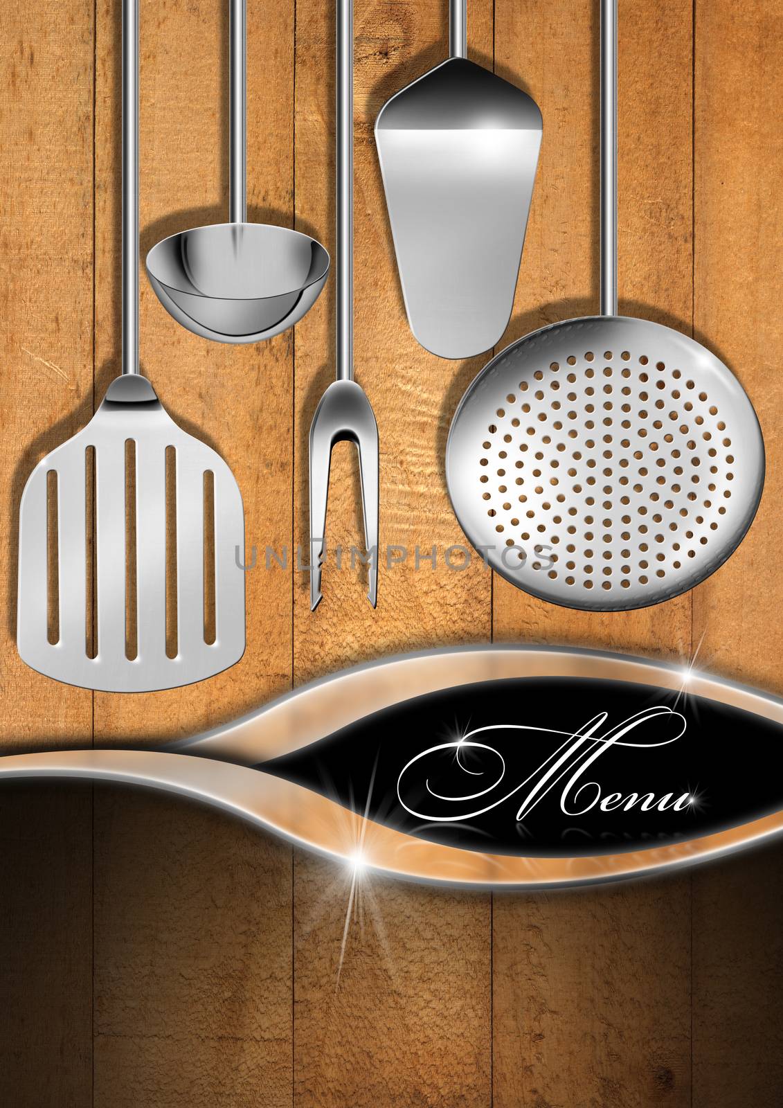 Wooden boards with kitchen utensils and metal waves, template for a rustic and modern menu